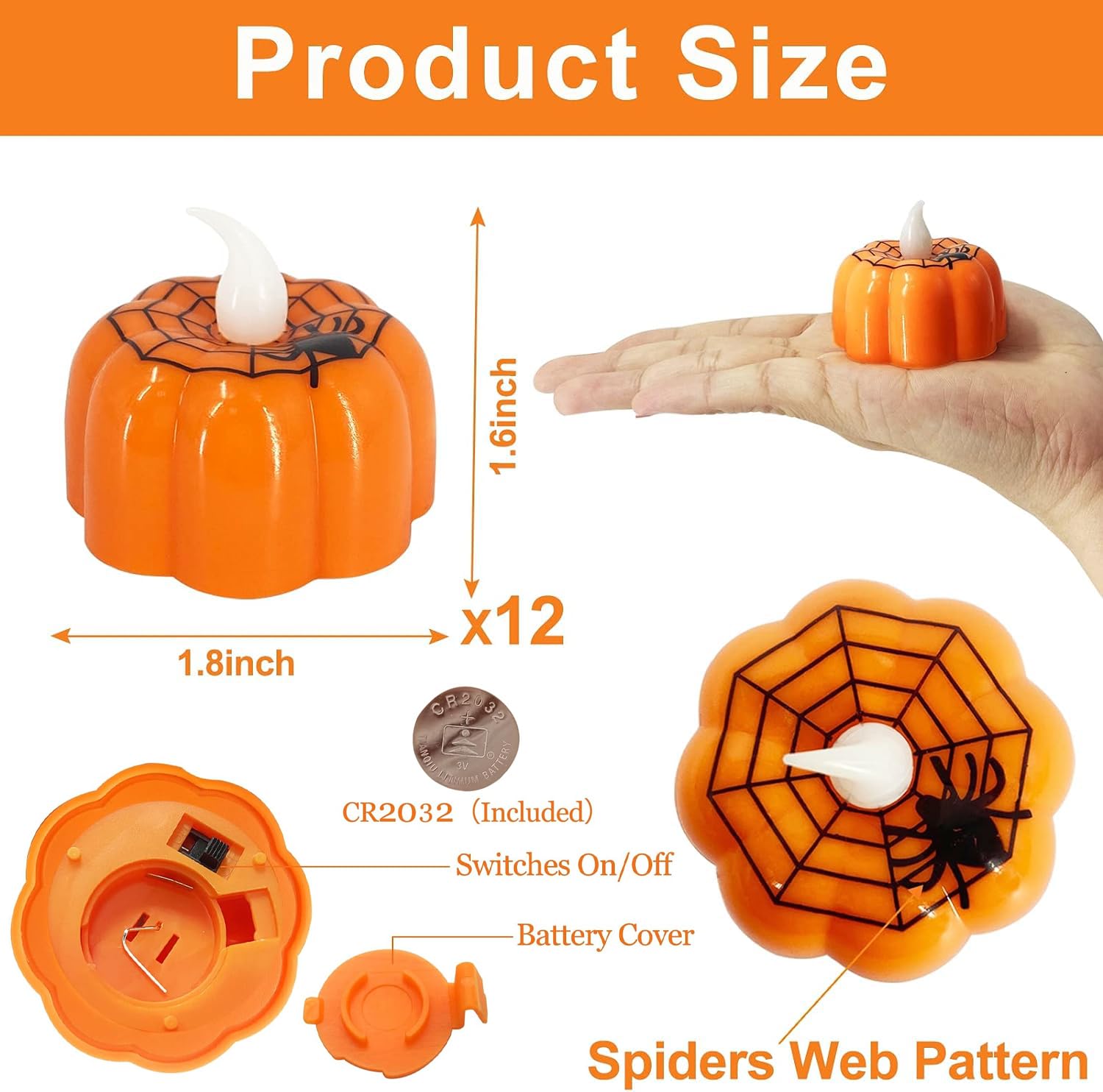 Turnmeon 12 Pack Halloween Pumpkin Tealights Candles With Spider Web Decor, Led Pumpkin Lights, Flame Less Candle Battery Operat