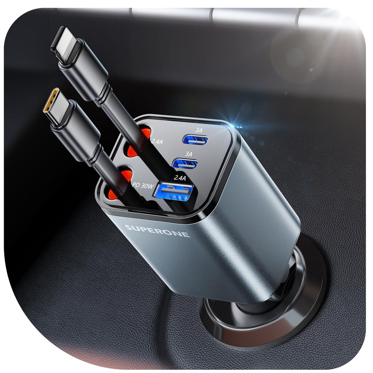 ?2025 Ultra-Compact? Superone Retractable Car Charger, 5 In 1 Car Phone Charger With 84W Fast Charging Cables, Car Accessories A