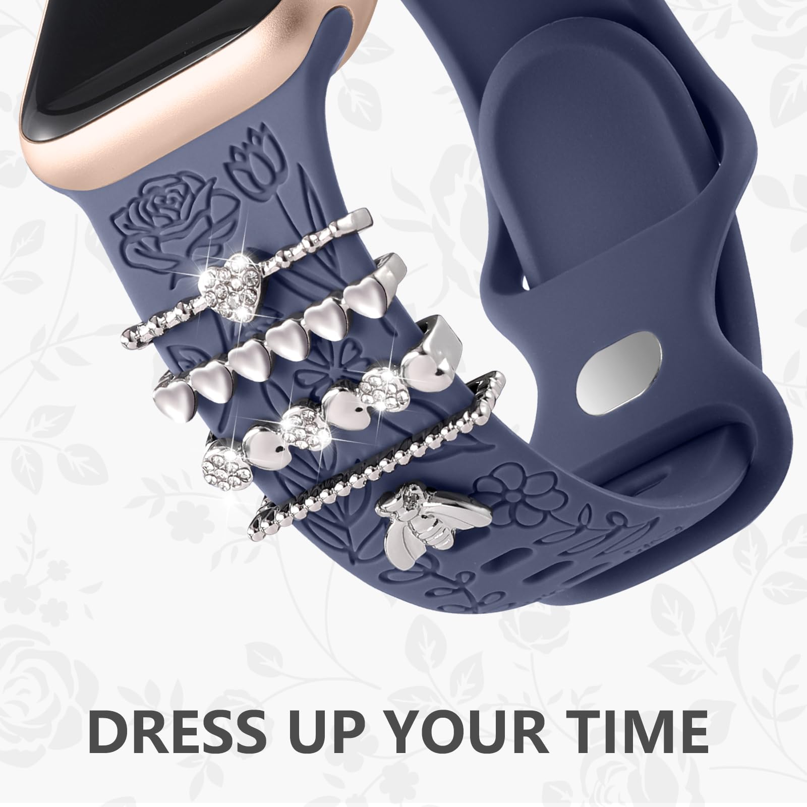 Daqin Flower Engraved Band Compatible With Apple Watch Bands 44Mm 42Mm 45Mm 46Mm For Women, Soft Silicone Band With Decorative A