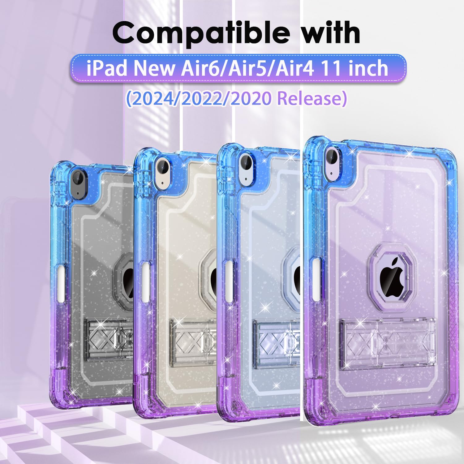 Zonefoker For Ipad Air 6Th 11 Inch M2 Generation Case 2024, Ipad 5Th/4Th 11 Inch 2022/2020, Purple Blue Glitter Cover With Penci