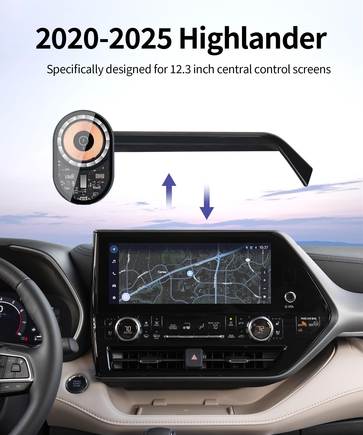 Masergogo Wireless Charging Car Phone Holder For Toyota Highlander/Hybrid 2020-2025 Accessories 12.3 Inch Screen Fixed Clip,360