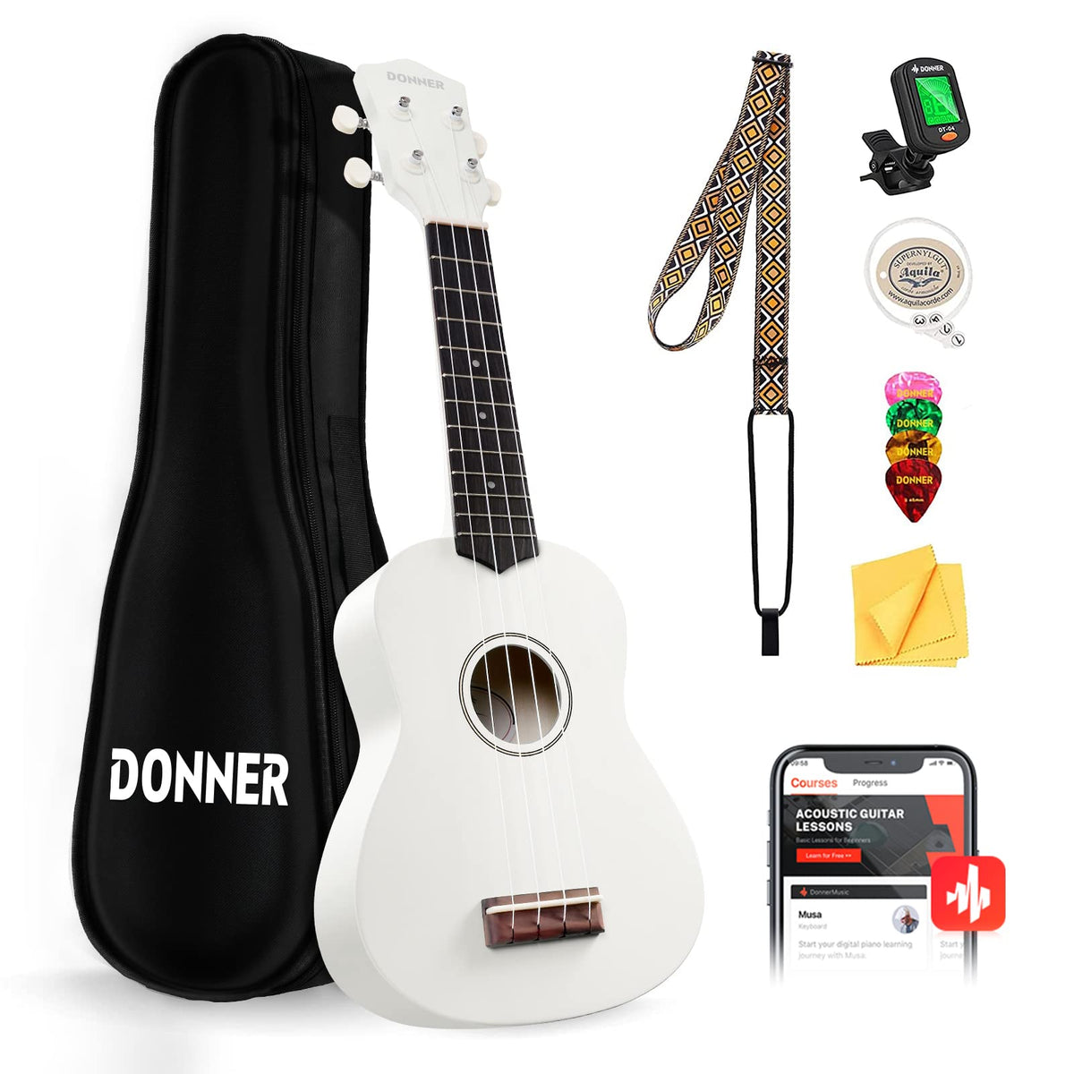 Donner Soprano Ukulele for Beginner 21 Inch Matte Ukulele Beginner Kit with Bag Strap Tuner Strings Picks Cloth, Free Online Les