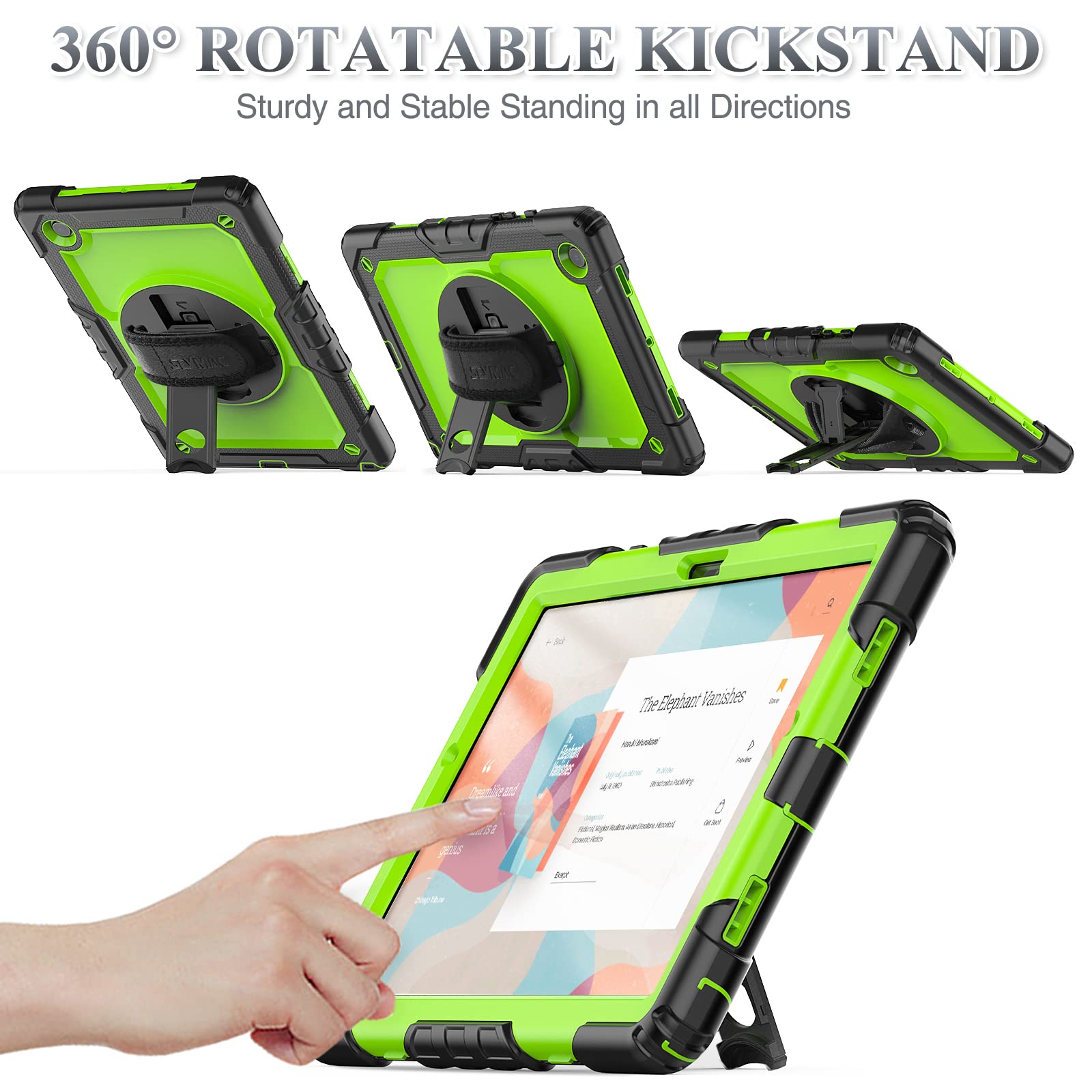 Seymac Stock 360 Hand Strap Shockproof Case For Samsung Galaxy Tab A9 Plus 11 Inch, Green+Black