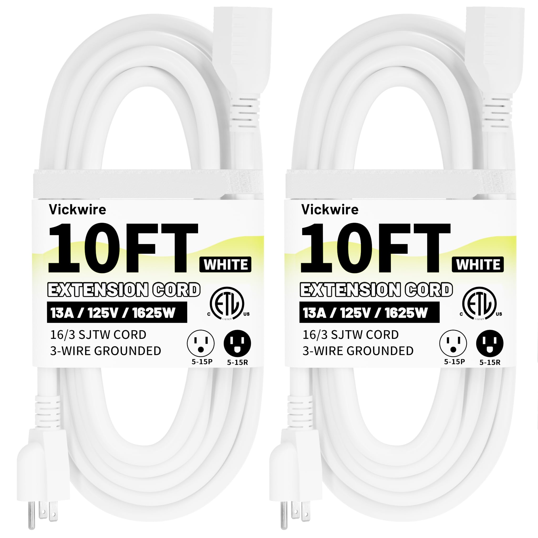 16/3 White Indoor Outdoor Extension Cord 10 Ft 2 Pack Waterproof, Heavy Duty Extension Cord With 3 Prong Grounded Plug,13A 1625W