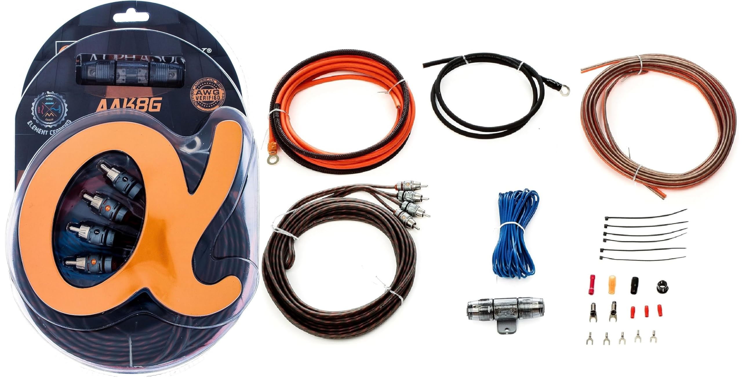 Alphasonik Aak8G Premium 8 Gauge Complete Car Amplifier Installation Kit Hyper Flex Power, Ground, Speaker Wire Rca Cable   Exce