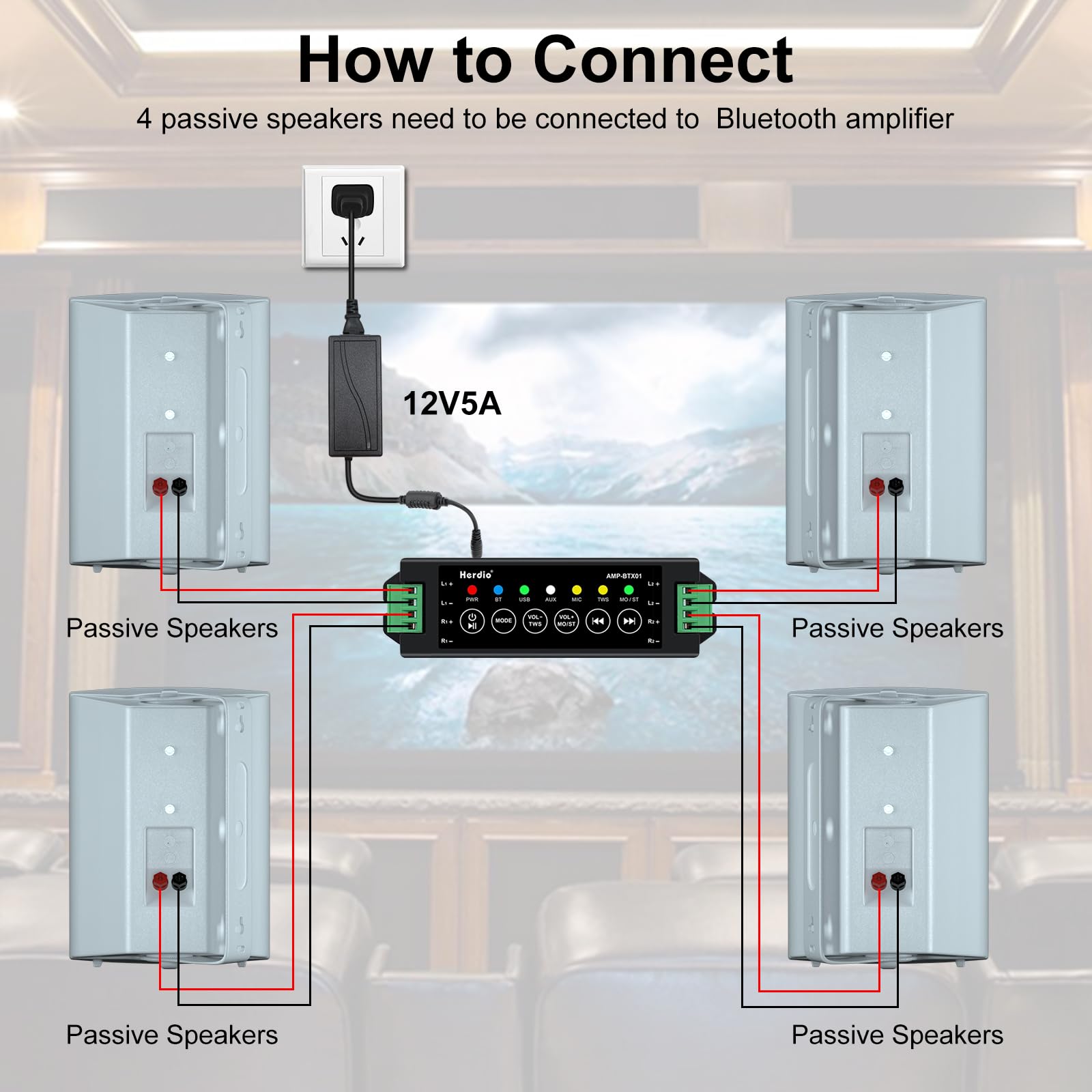Herdio 5.25 Inch 600W Outdoor Bluetooth Speakers Waterproof Wired Wall Mount Weatherproof Loudspeaker System For Indoor  Outdoor