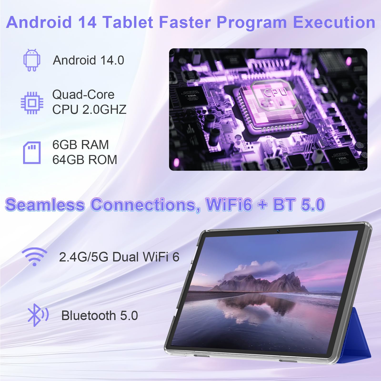 Android 14 Tablet 10 Inch Tablet, 6Gb Ram 64Gb Rom 1Tb Expansion, 6000Mah Battery, 1280X800 Ips Hd, Gps, Wifi 6, Bluetooth 5.0,