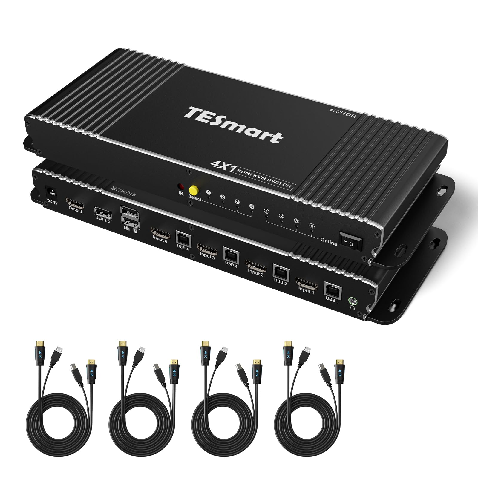 Tesmart Hdmi Kvm Switch 4 Port 4K@60Hz Ultra Hd 4X1 With 4 Pcs 5Ft Kvm Cables Supports Keyboard & Mouse Pass Through Usb 2.0 Dev
