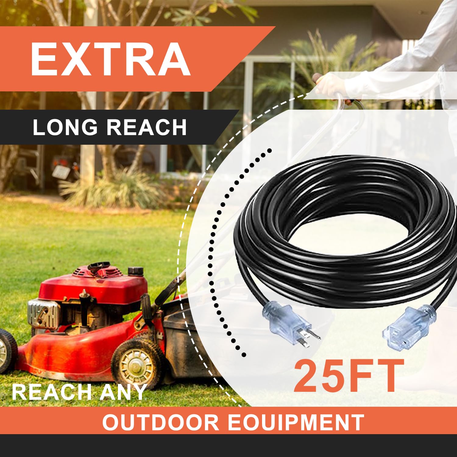 13Amp Outdoor Extension Cord Waterproof 25 Ft, Black 16/3 Sjtw Heavy Duty, Flexible 100% Copper 3 Prong Extension Cord For Lawn,