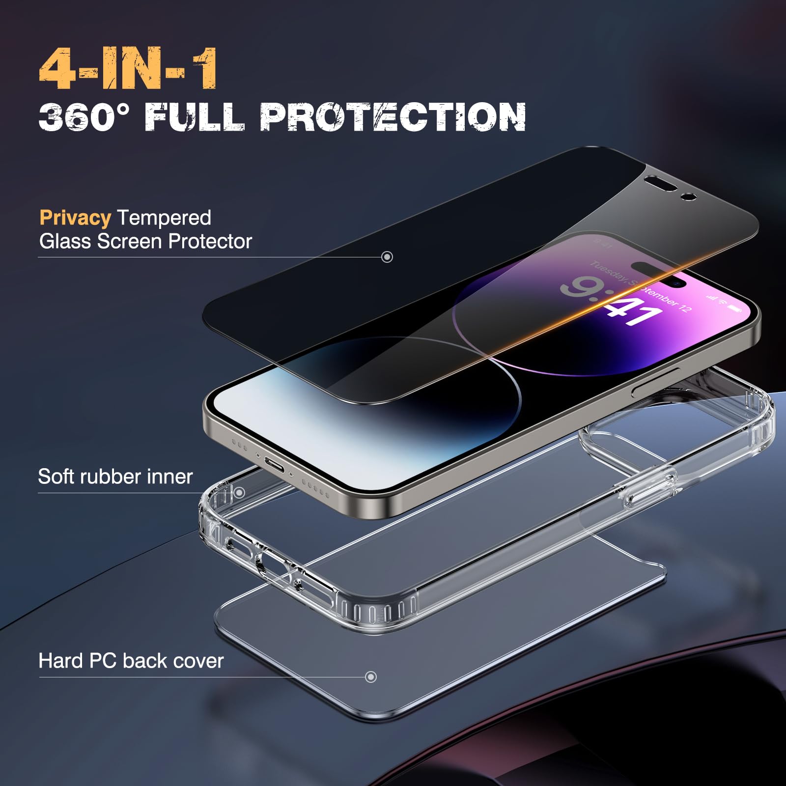Diaclara Designed For Iphone 14 Pro Case, [With Privacy Screen Protector] [Anti Spy] [Military Grade Drop Protection] Heavy Duty
