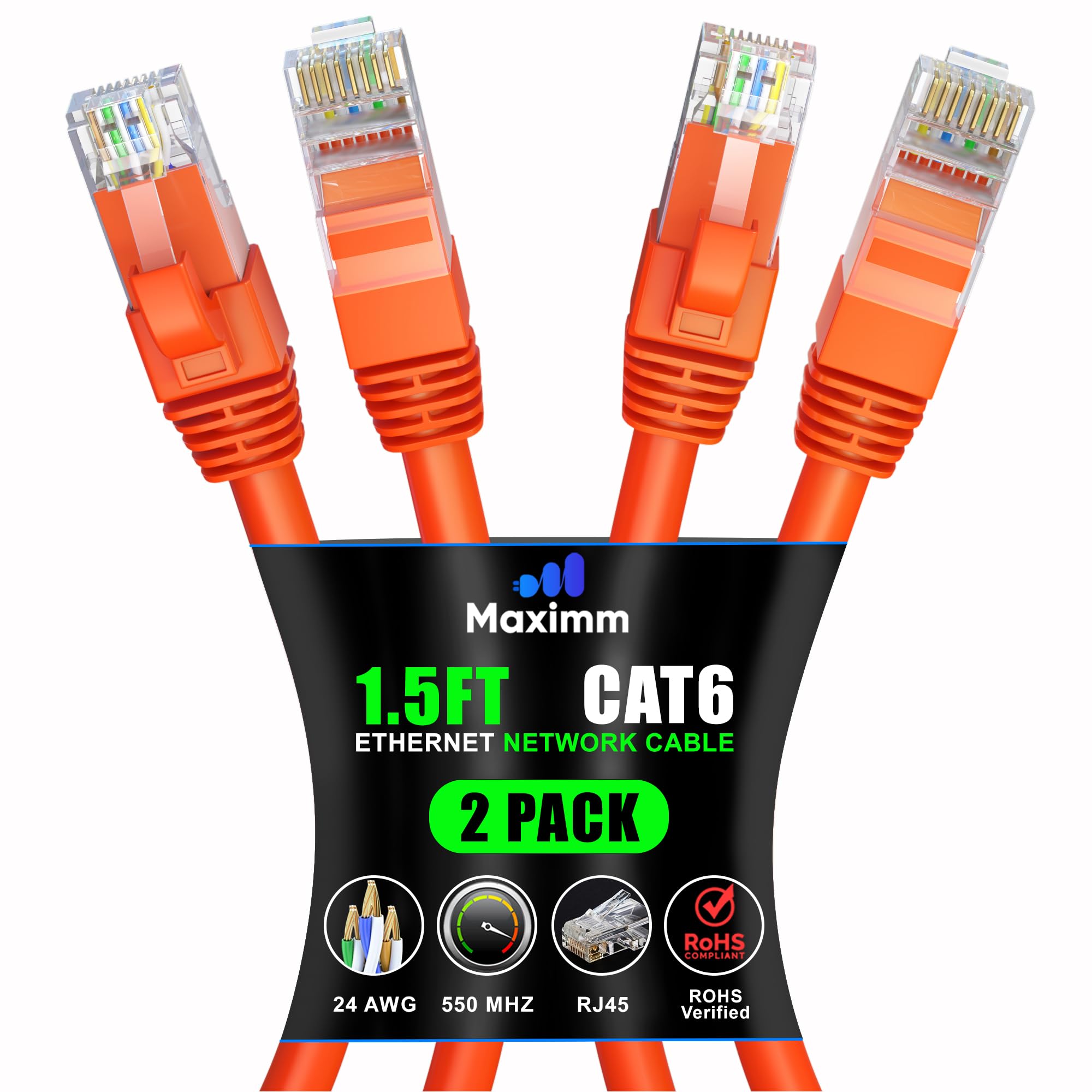 Maximm Cat 6 Ethernet Cable 1.5 Ft (2 Pack)   High Speed Lan Cable, Internet Cable, Patch Cable, And Network Cable   Utp, 10Gbps, 550Mhz Ethernet Cord   Orange