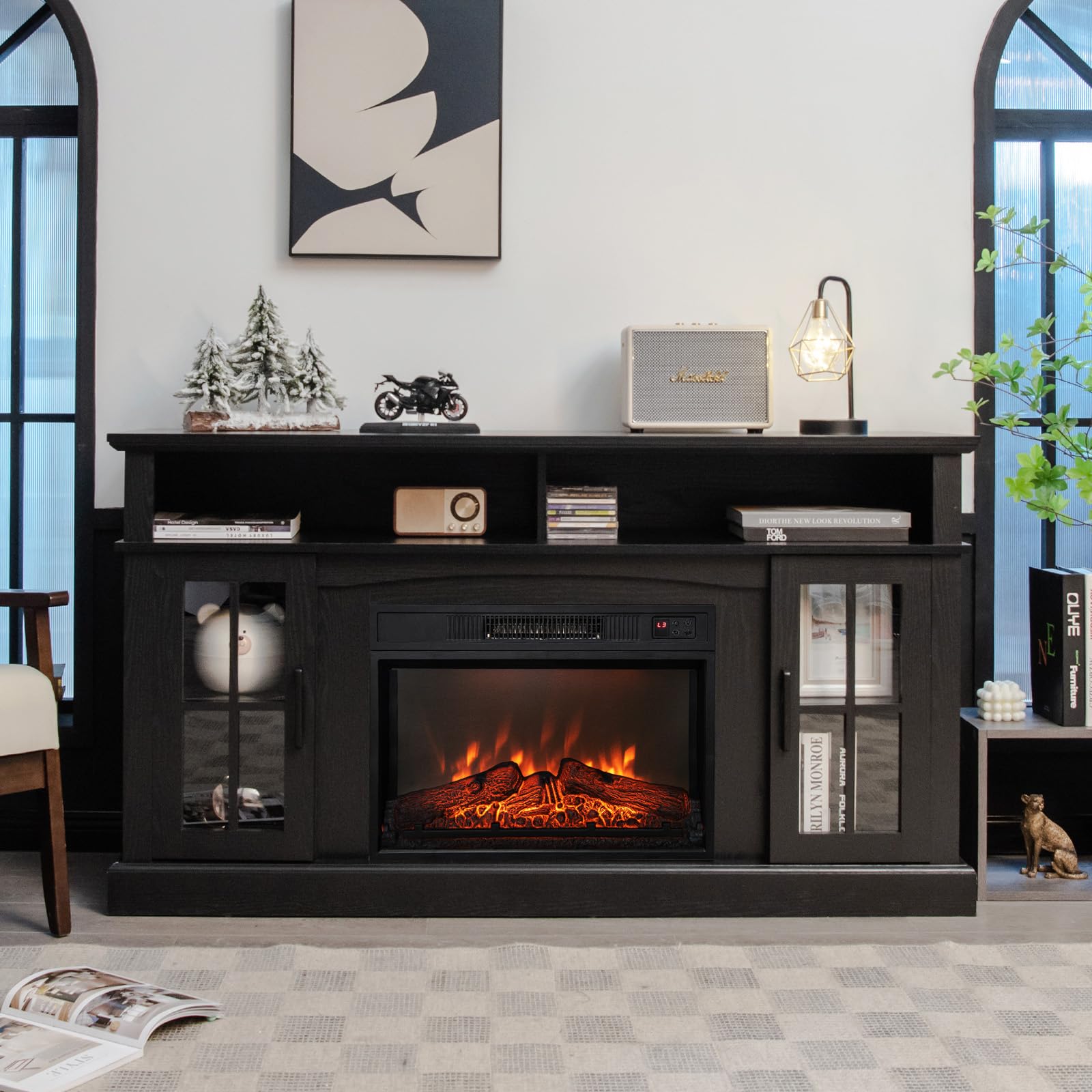 Tangkula Fireplace Tv Stand For Tvs Up To 65 Inch, 23 Inches Electric Fireplace With Remote Control, Overheat Protection, 3 Leve