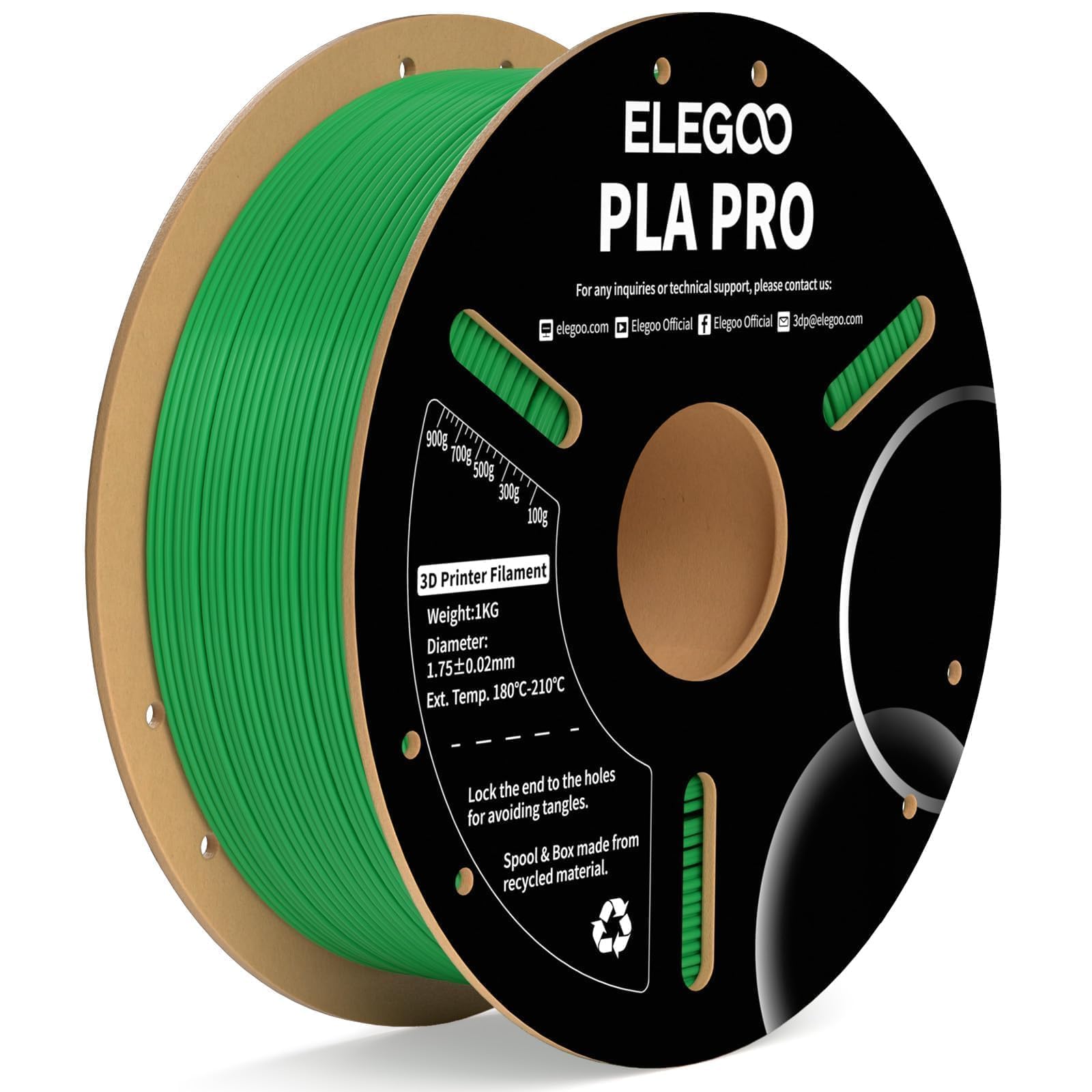 ELEGOO PLA PRO Filament 1.75mm Green 1KG, 30-250mm/s Printing Speed Improved Rigidity 3D Printer Filament Dimensional Accuracy +