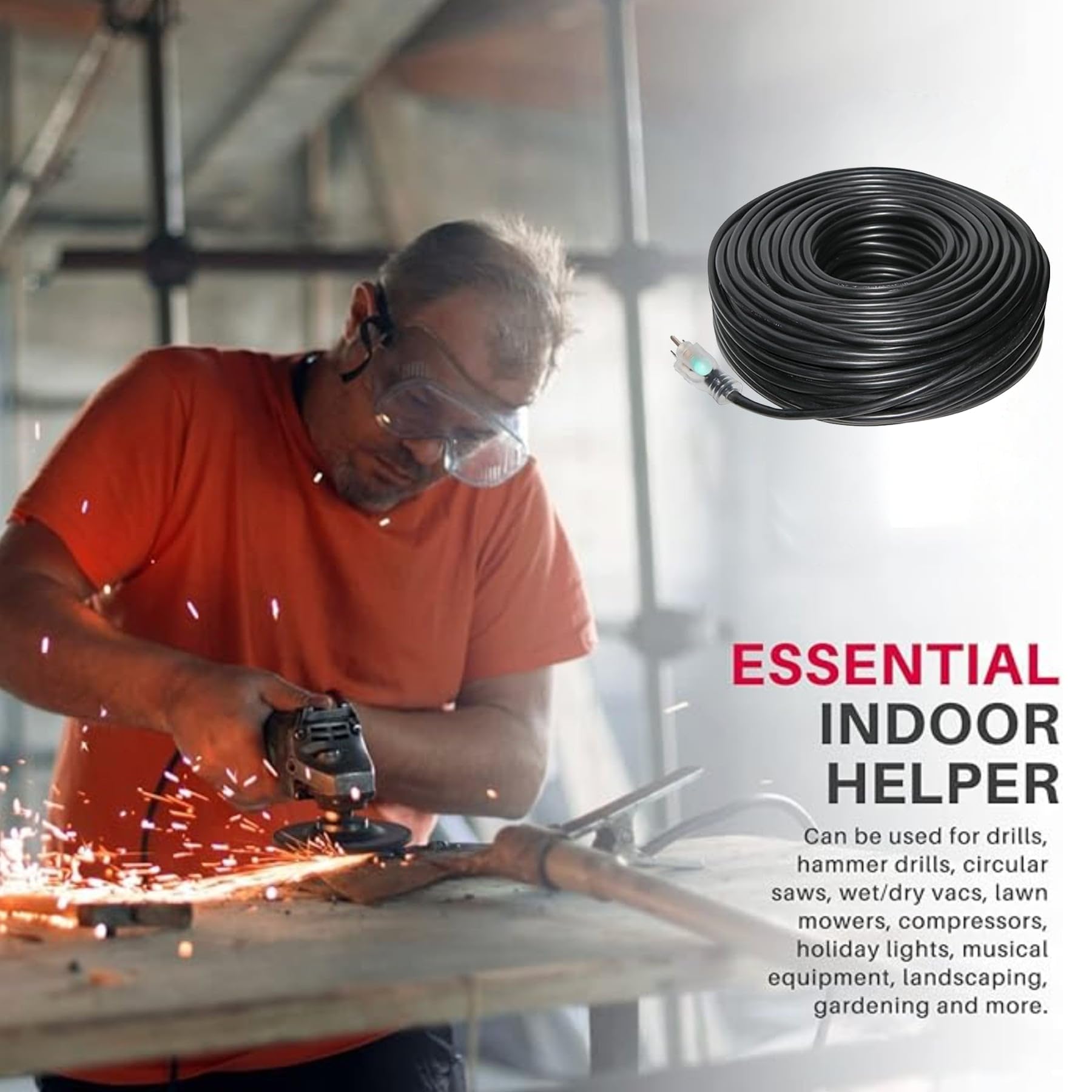 200Ft Power Outdoor Extension Cord & Indoor   Waterproof Electric Drop Cord Cable   3 Prong Sjtw, 14 Gauge, 7 Amp, 125 Volts, 87