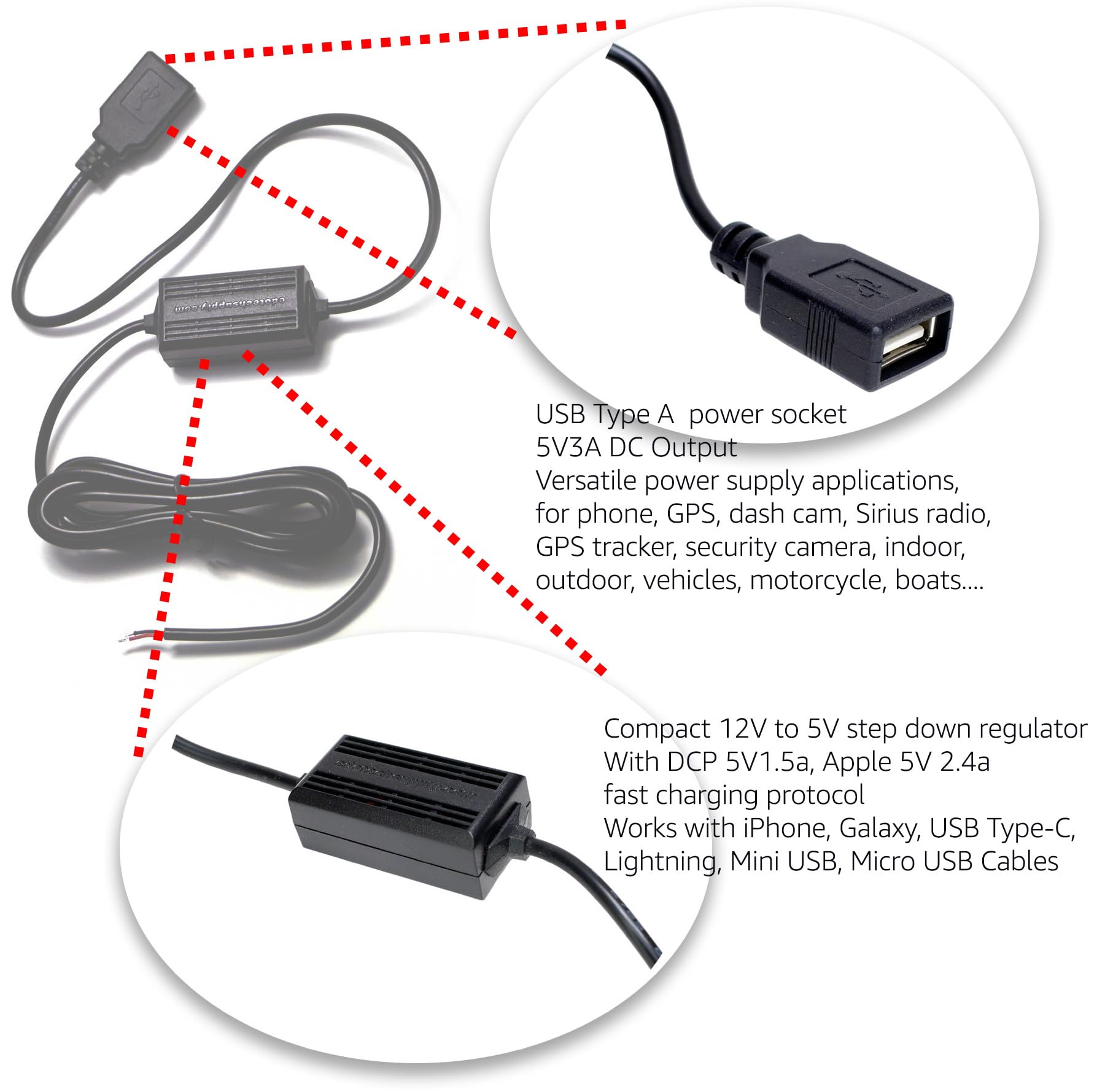 Edo Tech Hardwired Cable Car Charger Kit For 5V Female Usb A Power Port For Gps Siriusxm Radio Dash Cam Dvr