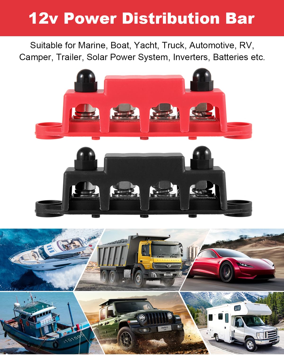 Gioyonil 12V Bus Bar Power Distribution Block 3/8, 4 Post Max 48V 250A Heavy Duty Battery Terminal Junction Block Busbar With Co