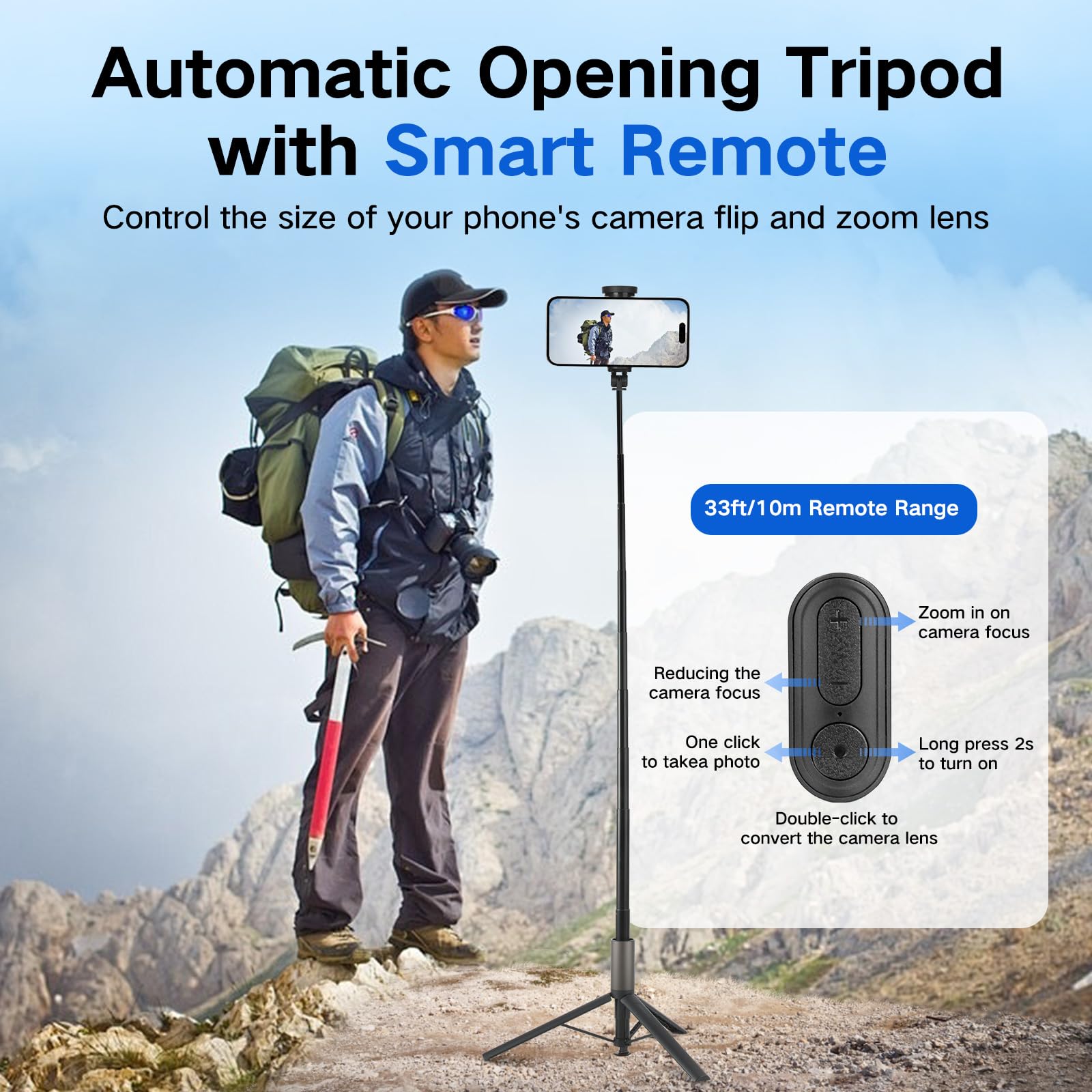 62 Inch Automatic Tripod For Iphone, Auto-Open Phone Tripod Stand With Magnetic Smart Remote,Selfie Stick Remote Cell Phone Zoom
