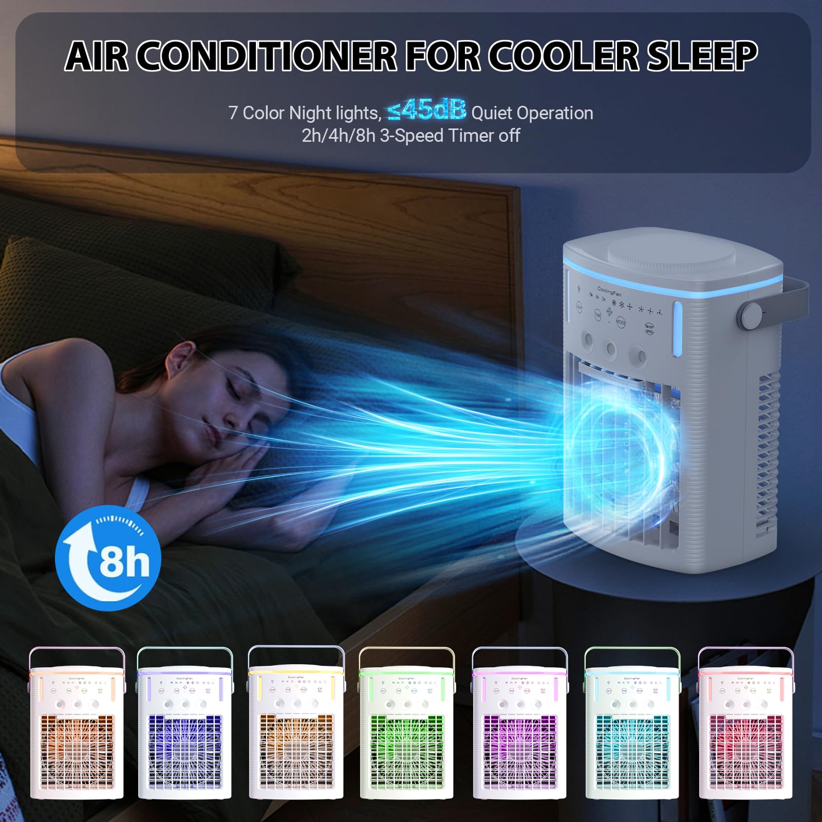 Angfa Portable Air Conditioners,Evaporative Air Cooler With 1000Ml Water Tank,3 Spray Ports,3 Speeds & 3 Mist Level,7 Color Nigh