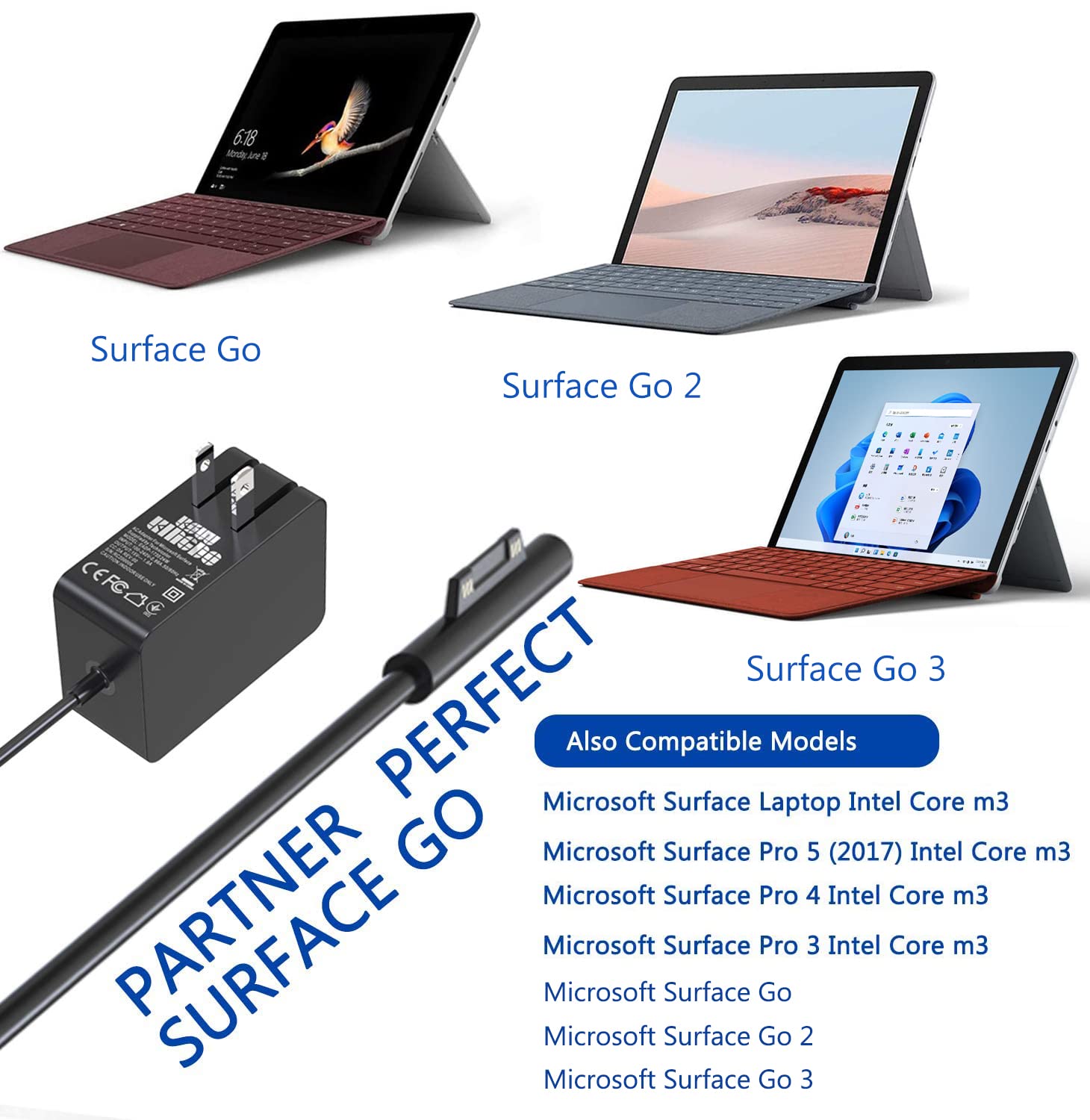 Surface Go Charger,Surface Go Power Supply Adapter 24W 15V 1.6A Charger For Surface Go 3/2/1 Surface Pro 4 Core M3 Surface Pro 3 Core M3 Surface Pro 5 Core M3 Tablet Surface Laptop Core M3 Travel Case
