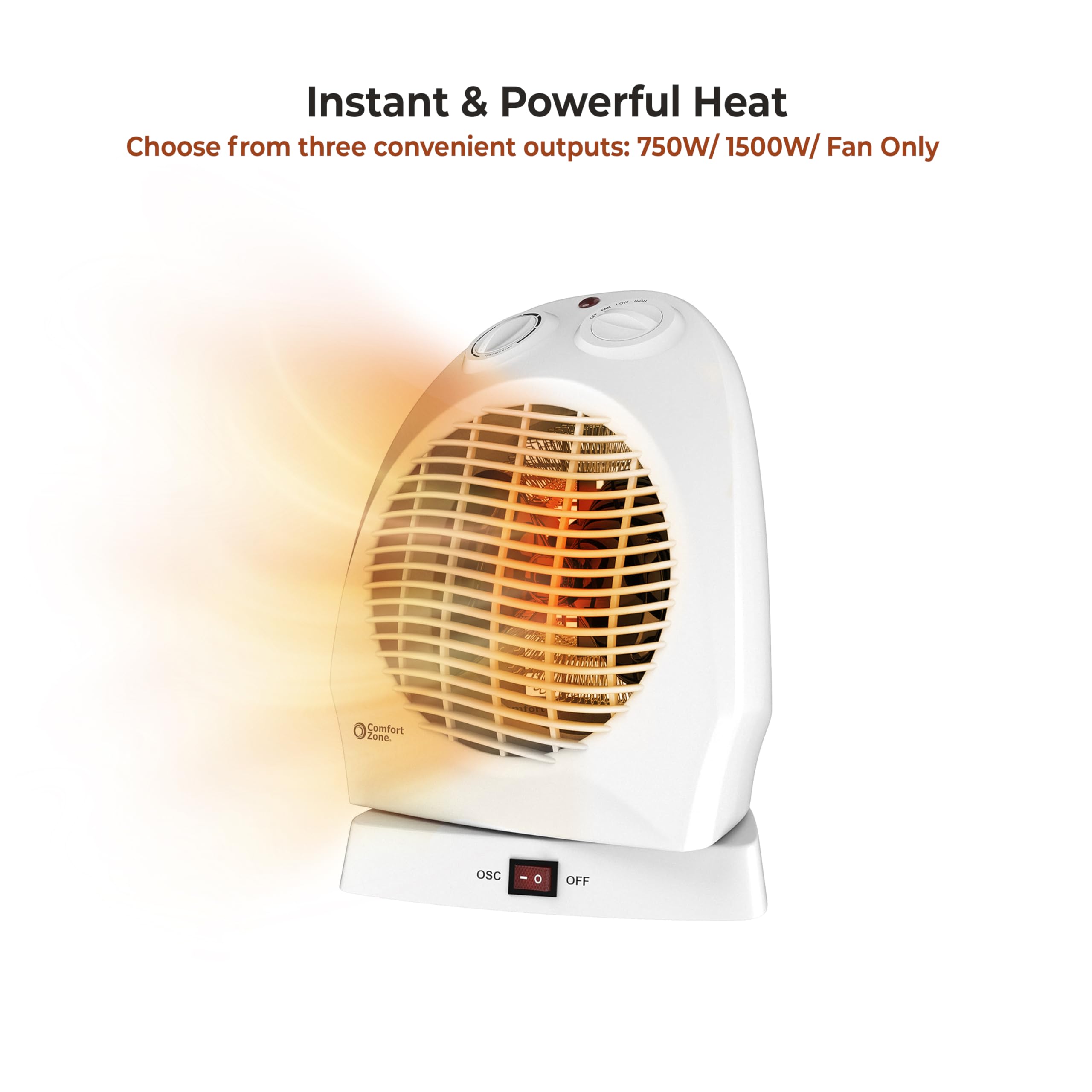 Comfort Zone Oscillating Space Heater With Adjustable Thermostat, Desktop, Fan Forced, Portable, Overheat Sensor, Tip Over Switc