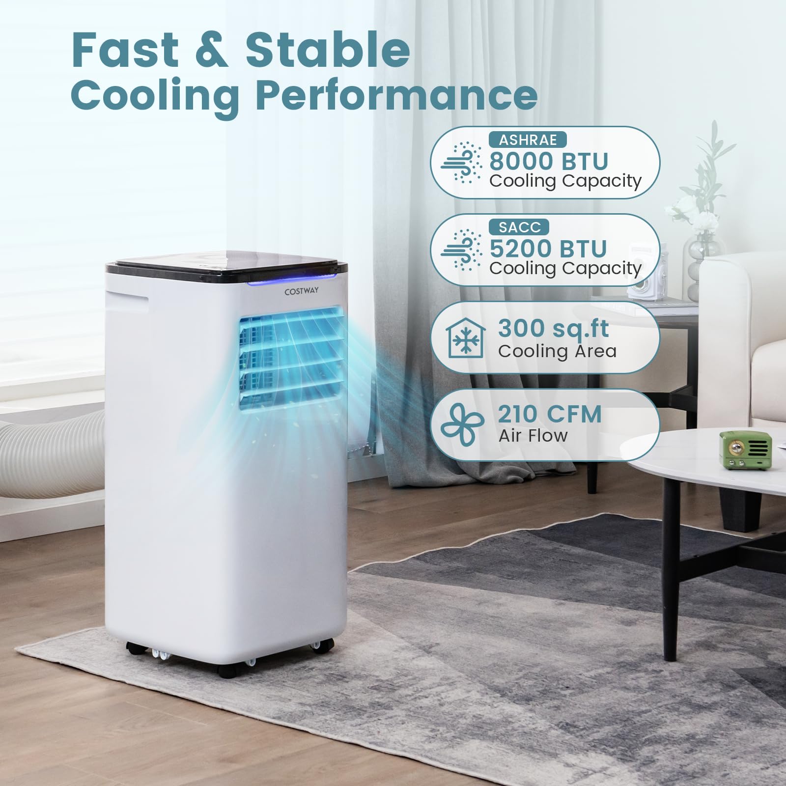 Costway Portable Air Conditioners, 8000 Btu Portable Ac Unit For Rooms Up To 300 Sq.Ft With Cool, Fan, Dry & Sleep Mode, Timer, Remote Control & Window Vent Kit, 3 In 1 Portable Ac For Bedroom, Office