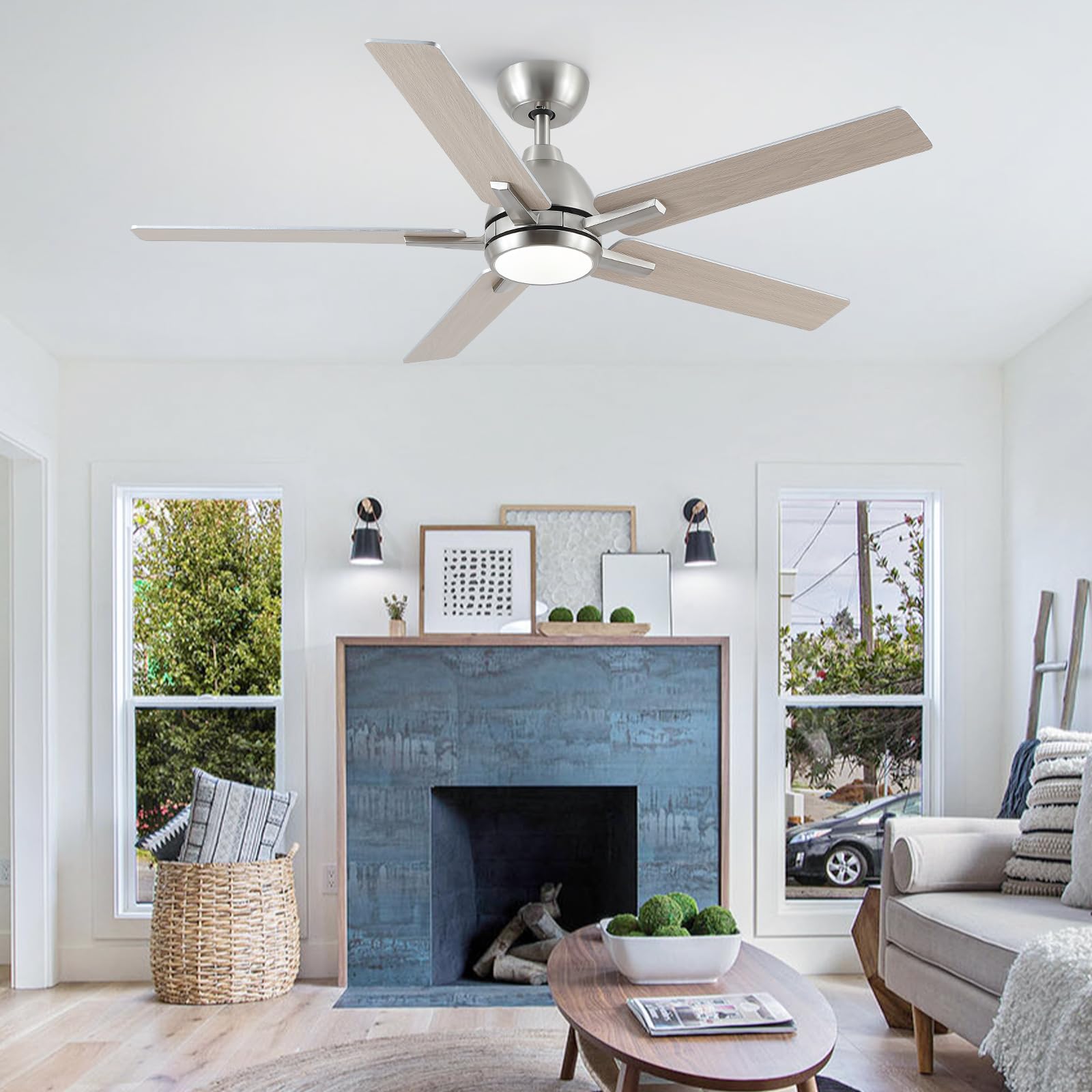 52 Inch Ceiling Fans With Lights And Remote,Brushed Nickel Ceiling Fan With 5 Dual Sided Blades,Downrod,6 Speed Reversible Dc Mo