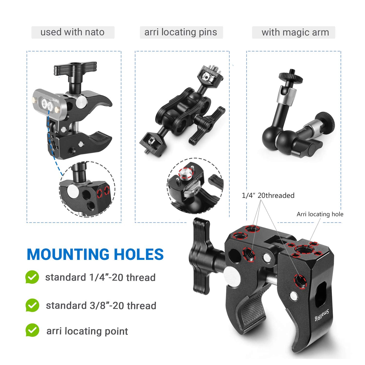 Smallrig Super Clamp With 1/4 Thread Holes, 3/8 Locating Pin For Arri Standard, T-Shaped Wingnut And Rubber Pads - 2220