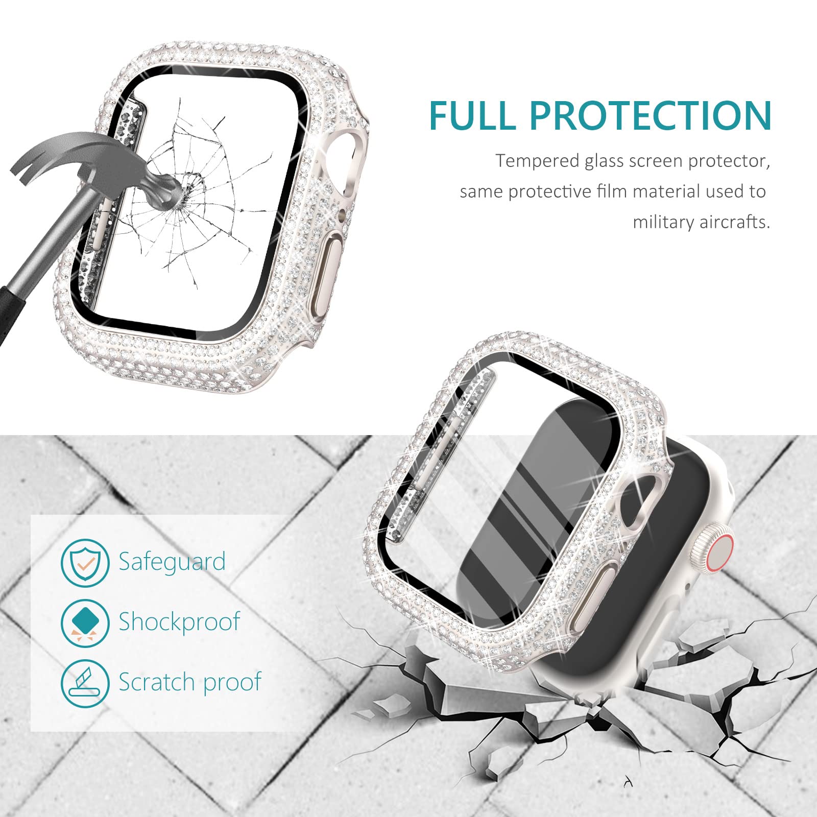 Surace 45Mm Case Compatible With Apple Watch Series 9 Series 8 Series 7, 400 Diamonds With Screen Protector Bling Case Tempered