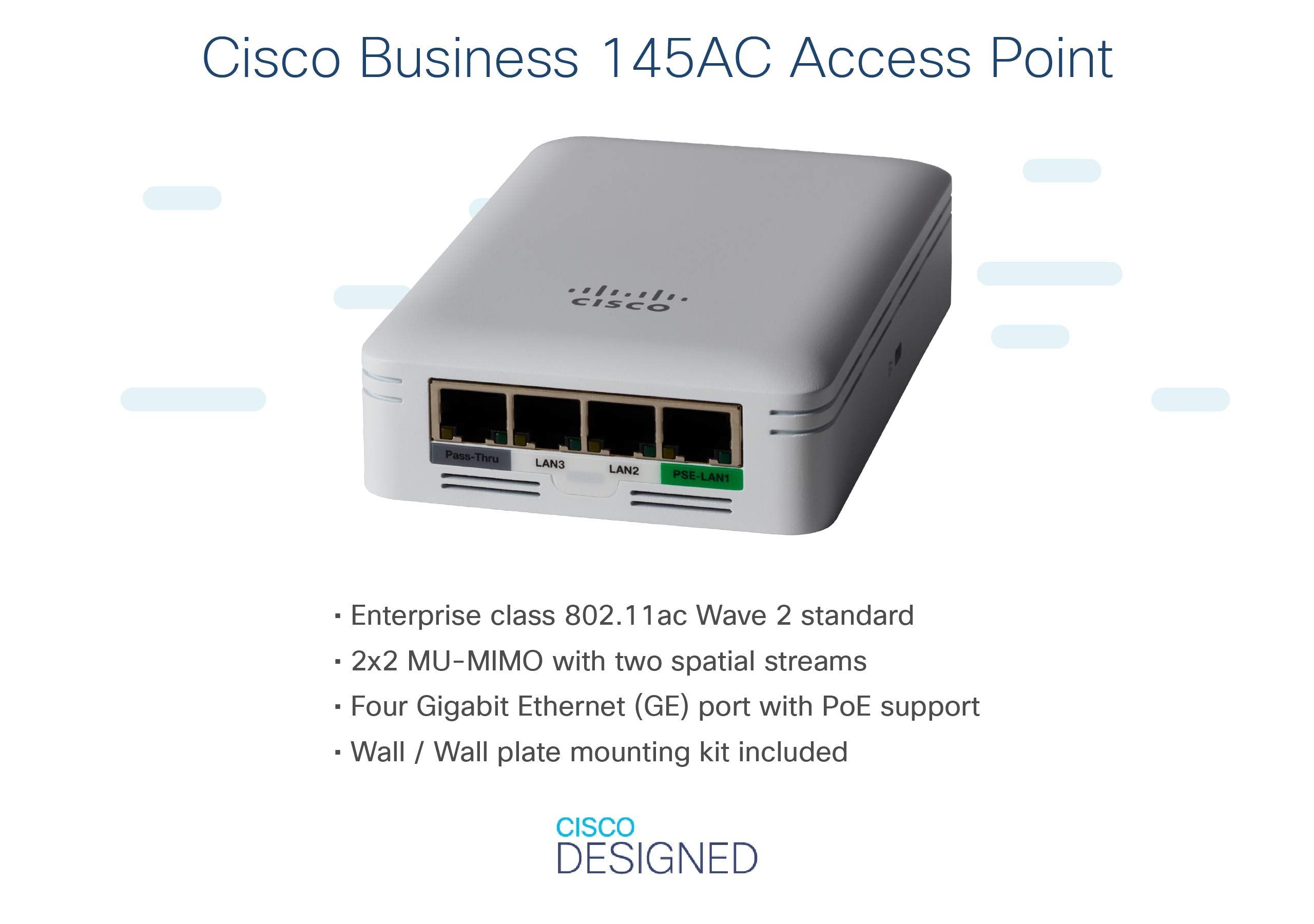 Cisco Business 145Ac Wi Fi Access Point | 802.11Ac | 2X2 | 4 Gbe Ports | Poe | Wall Plate | Limited Lifetime Protection (Cbw145A