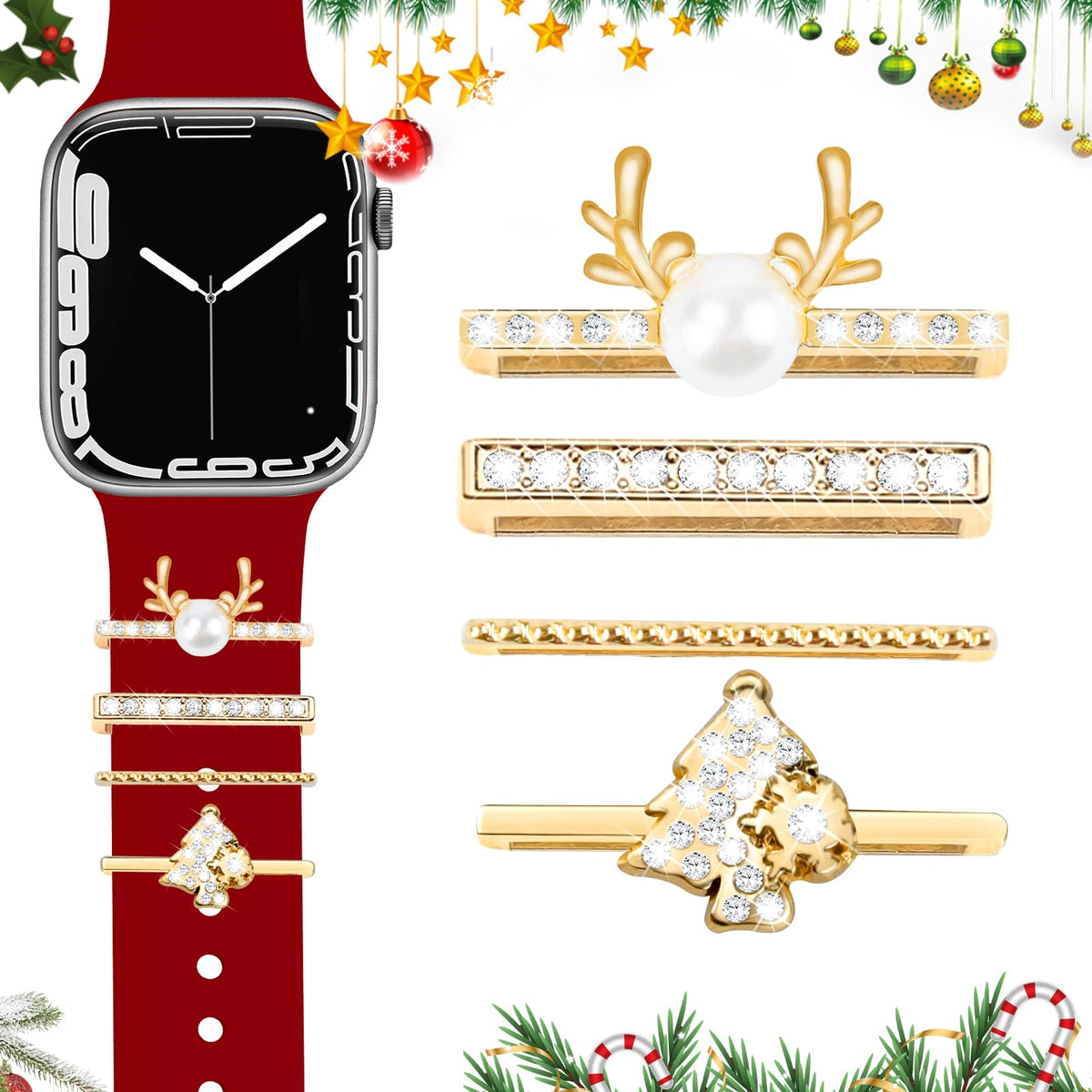 Jr.Dm Christmas Watch Charms With Decorative Super Bling Rings Loops, Compatible Apple Watch 40Mm 38Mm 41Mm 42Mm 44Mm 45Mm 46Mm 