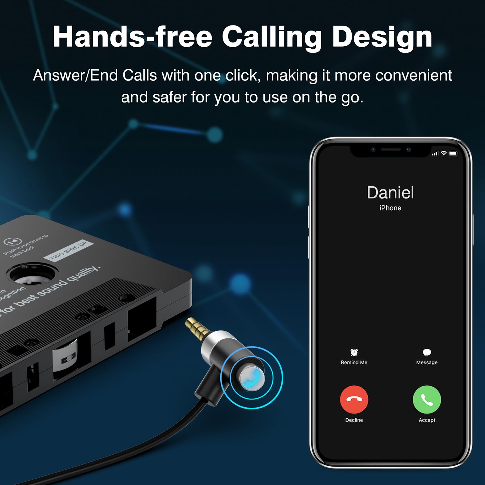 Car Cassette Aux Adapter With Microphone, 3.5Mm Cable Audio Cassette Tape Adapter Player For Car, Mp3, Phone, 3.2 Feet Cable