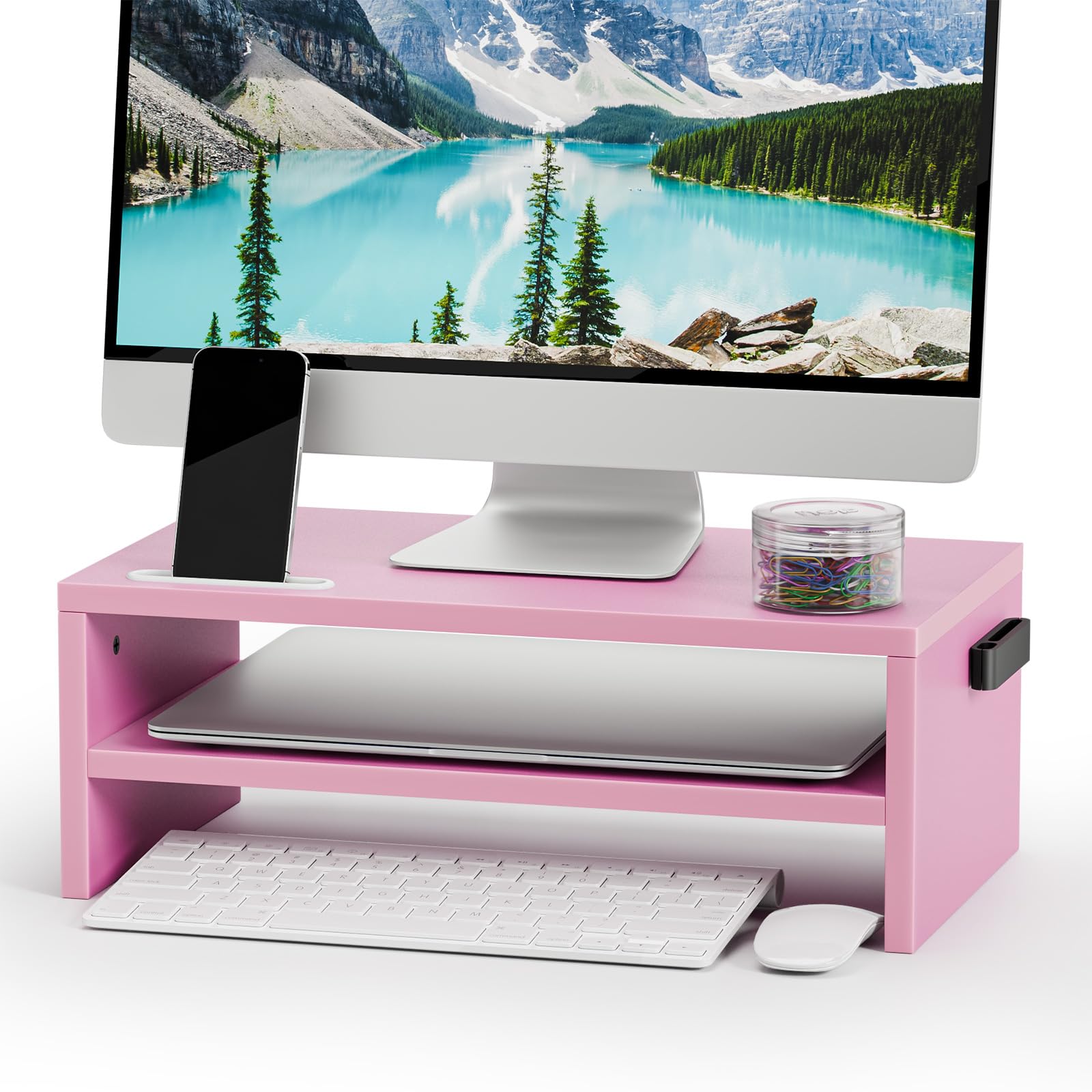 Marbrasse Wood Monitor Stand Riser,Desk Computer Printer Shelf Stand,Pink