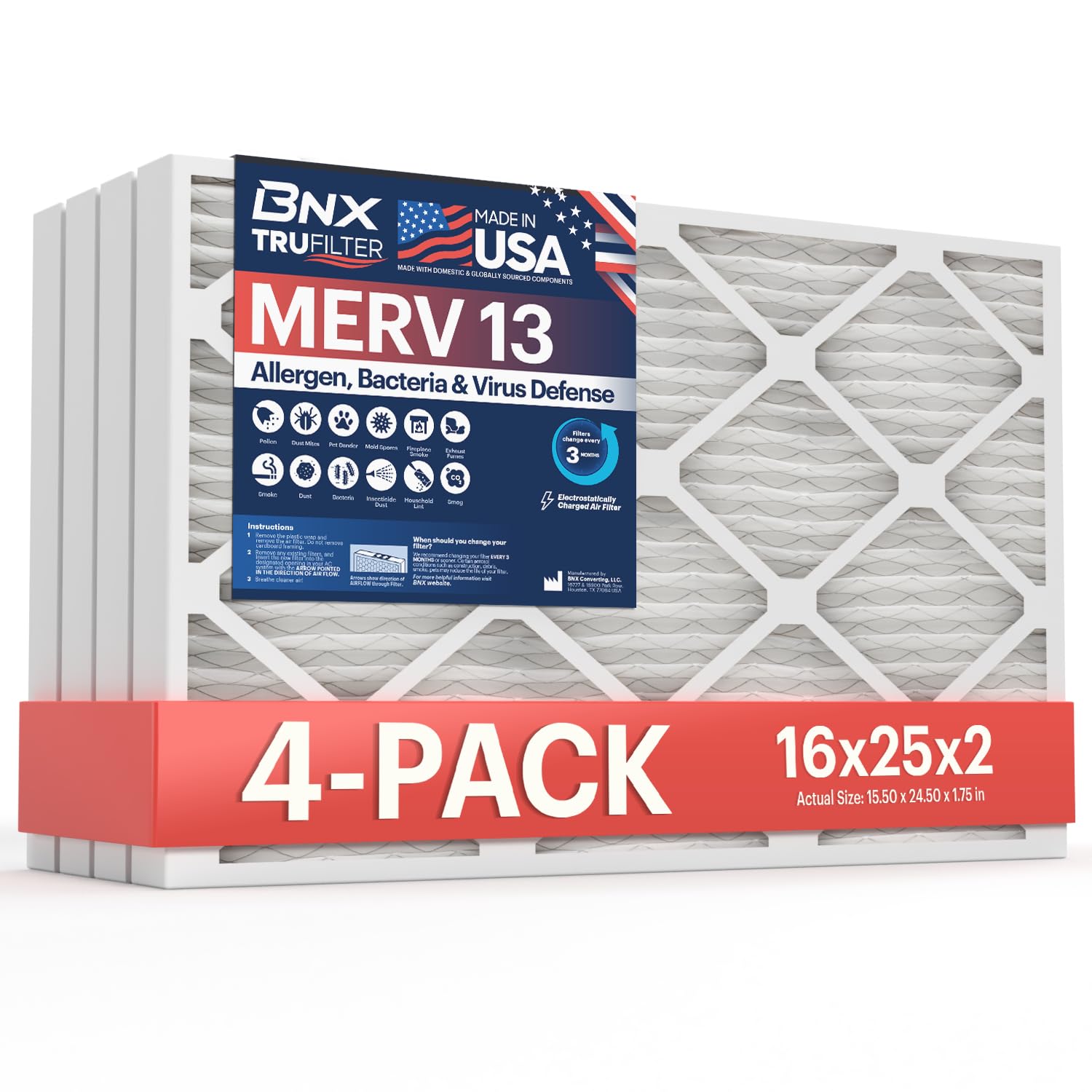 BNX TruFilter 16x25x2 Air Filter MERV 13 (4-Pack) - MADE IN USA - Electrostatic Pleated Air Conditioner HVAC AC Furnace Filters 
