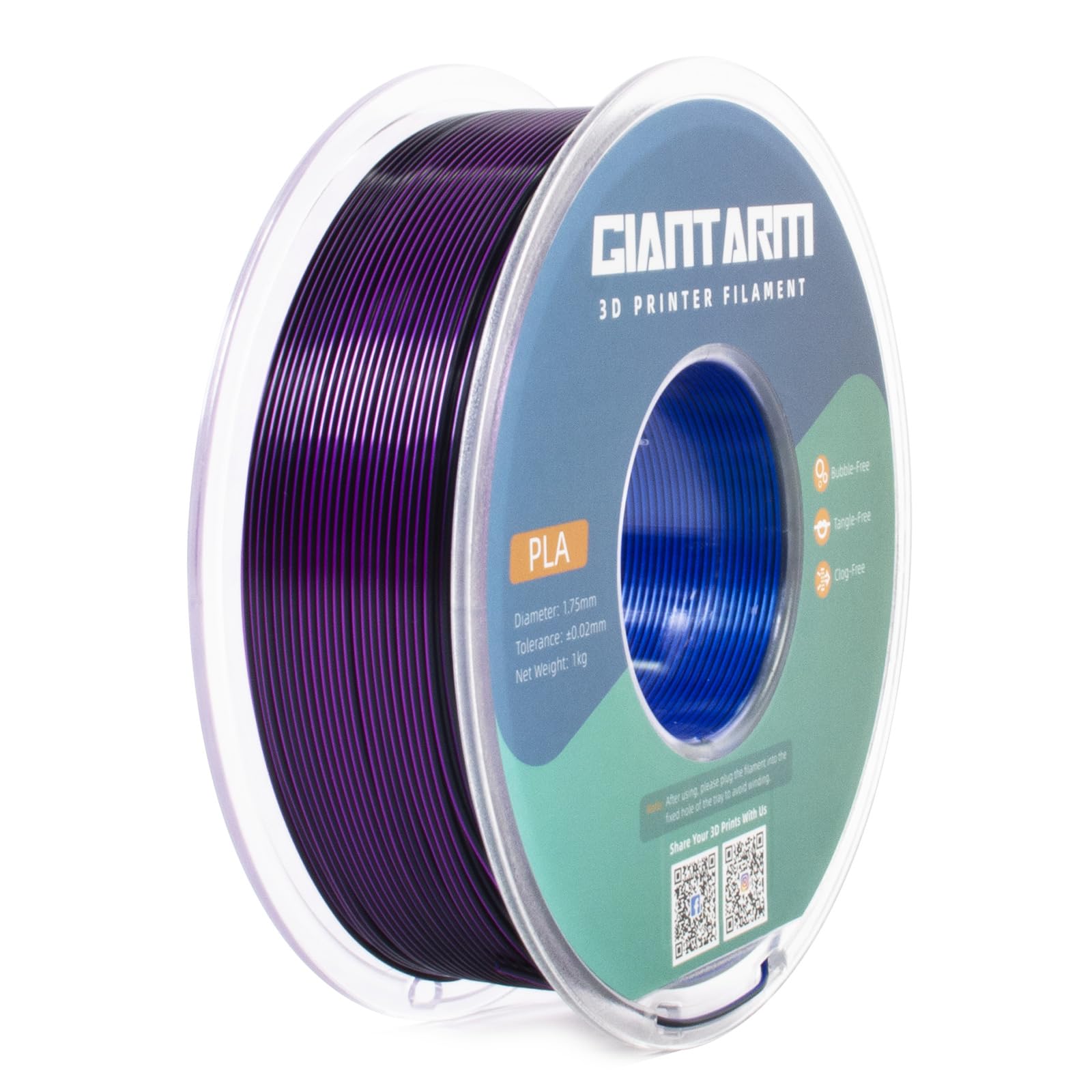 Giantarm Tri Colors, Silk Pla Filament, 3D Printer Filament 1.75Mm +/ 0.02Mm, 1Kg (2.2Lbs) Spool, Vacuum Packaging (Blue+Purple+