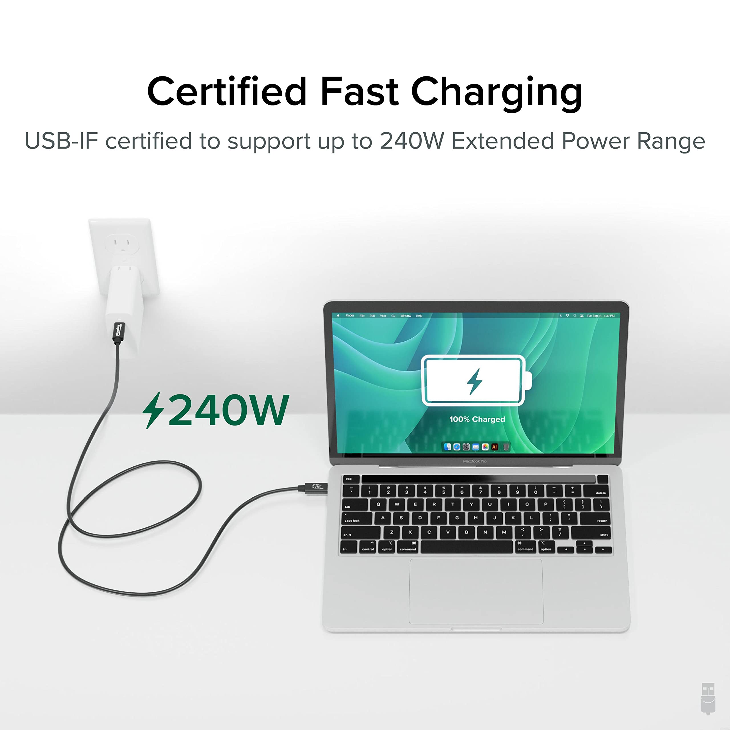 Plugable Usb4 Cable With 240W Charging, 3.3 Feet (1M), Usb-If Certified, 1X 8K Display, 40 Gbps, Compatible With Usb 4, Thunderb