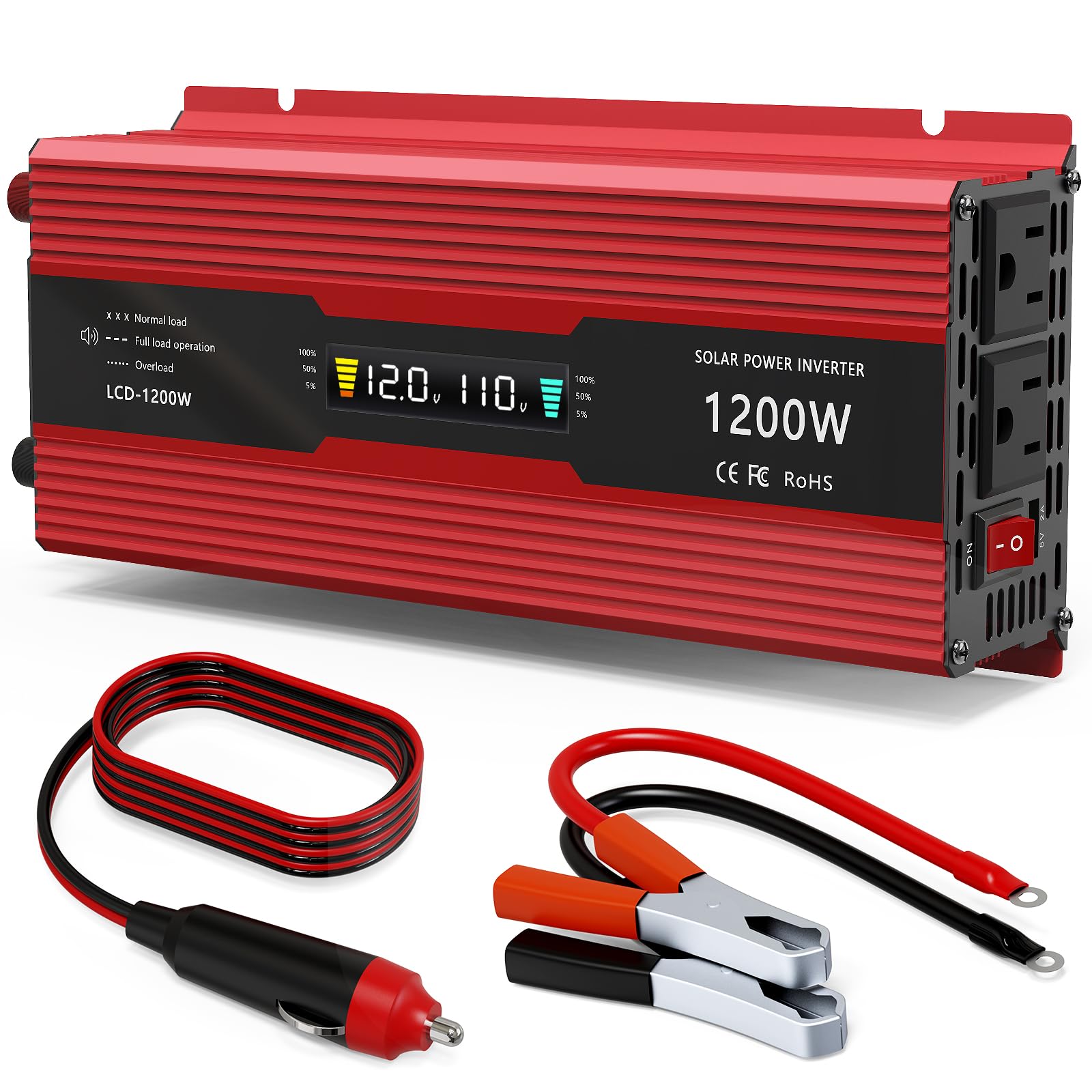 1200W Car Power Inverter Dc 12V To 110V Ac Converter 1200W Inverter Power Inverters With Lcd Display And Ac Outlets 2A Usb Charg