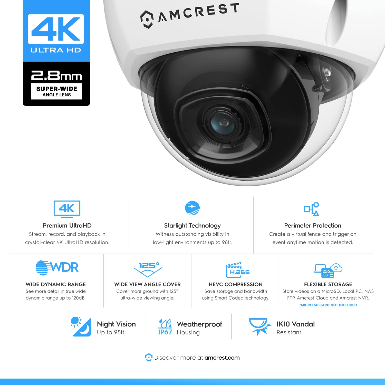 Amcrest Ultrahd 4K (8Mp) Outdoor Security Poe Ip Camera, 3840X2160, 98Ft Nightvision, 2.8Mm Lens, Ip67 Weatherproof, Ik10 Vandal