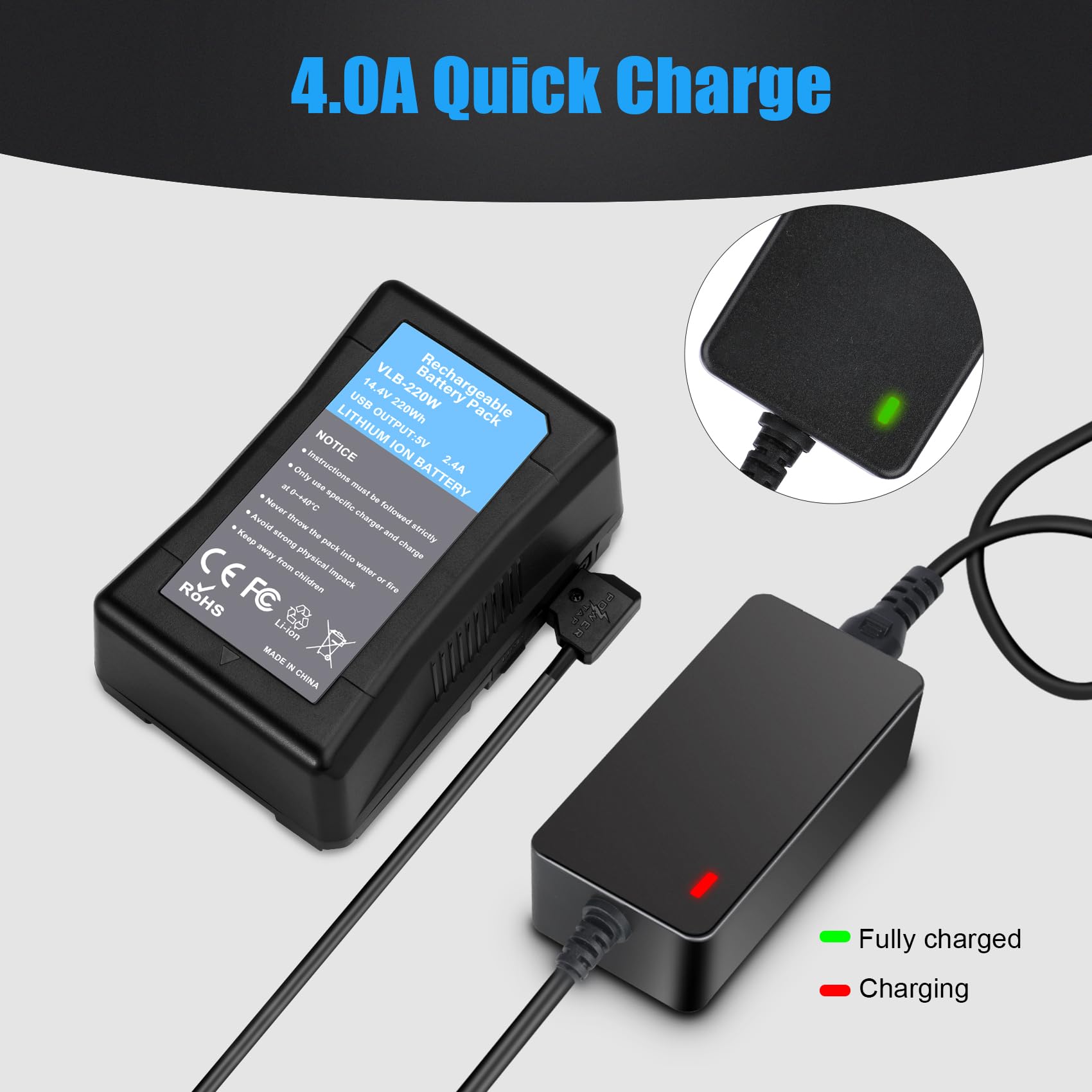 Kunlun D-Tap Quick Charger[Dc 16.8V/4A] With D Tap Cable For V-Mount/V Lock/Gold Mount Battery Charger, For Sony Bp-U65 Bp-U68 H