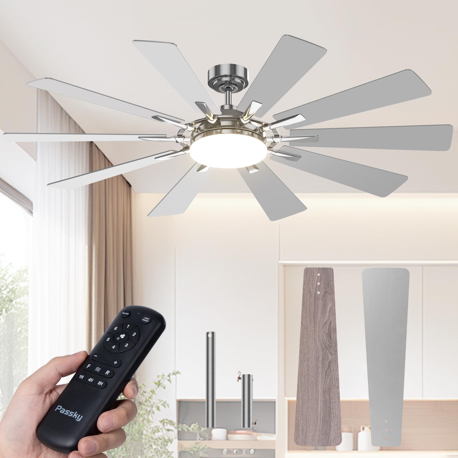 Passky Ceiling Fans with Lights, 64 inch Nickel Ceiling Fan with Light and Remote Control, Reversible, Dimmable, 3CCT, Quiet, Ce