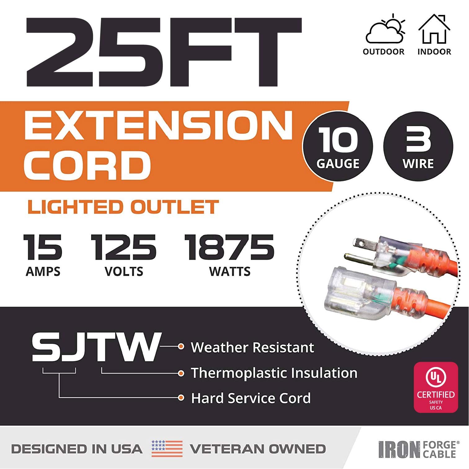 Iron Forge Cable 10 Gauge Extension Cord 25 Ft   15 Amp Extension Cord With 3 Prong 10 Awg Water Resistant Orange Outdoor Extens