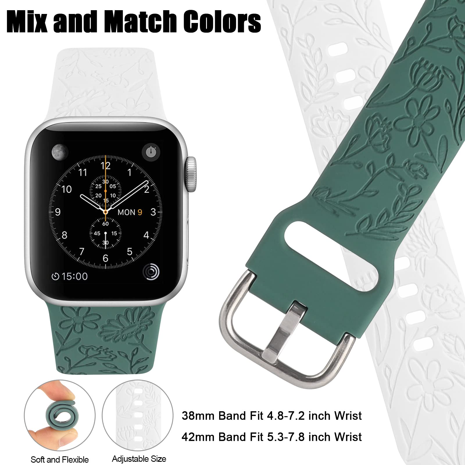 2 Pack Flower Engraved Sport Strap Compatible With Apple Watch Bands 38Mm 40Mm 41Mm, Women Floral Laser Soft Silicone Wristband