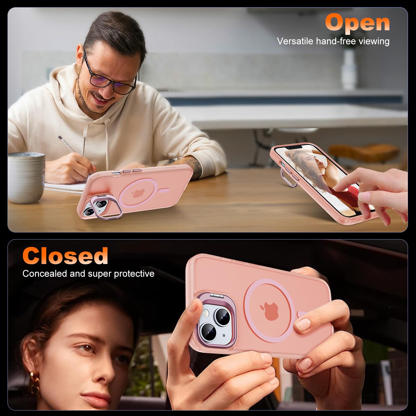 Jame Magnetic For Iphone 13 Case & Iphone 14 Case, [Built In Lens Ring Stand] [Military Grade Protection] Slim Translucent Matte