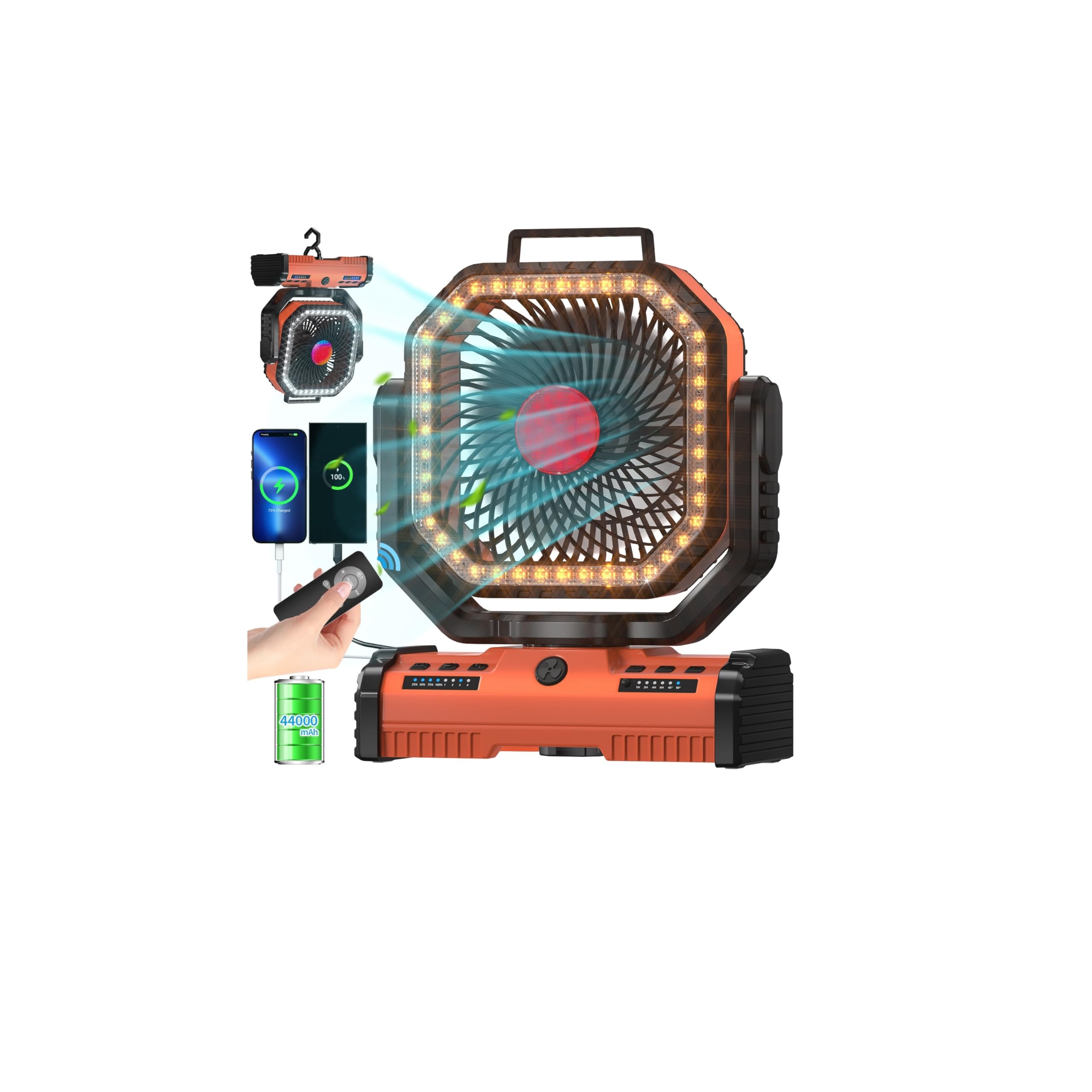 ADUST 12 Inch Camping Battery Operated Powered Fan with LED Lantern Light,44000mAh Rechargeable Portable Oscillating Fan with 36