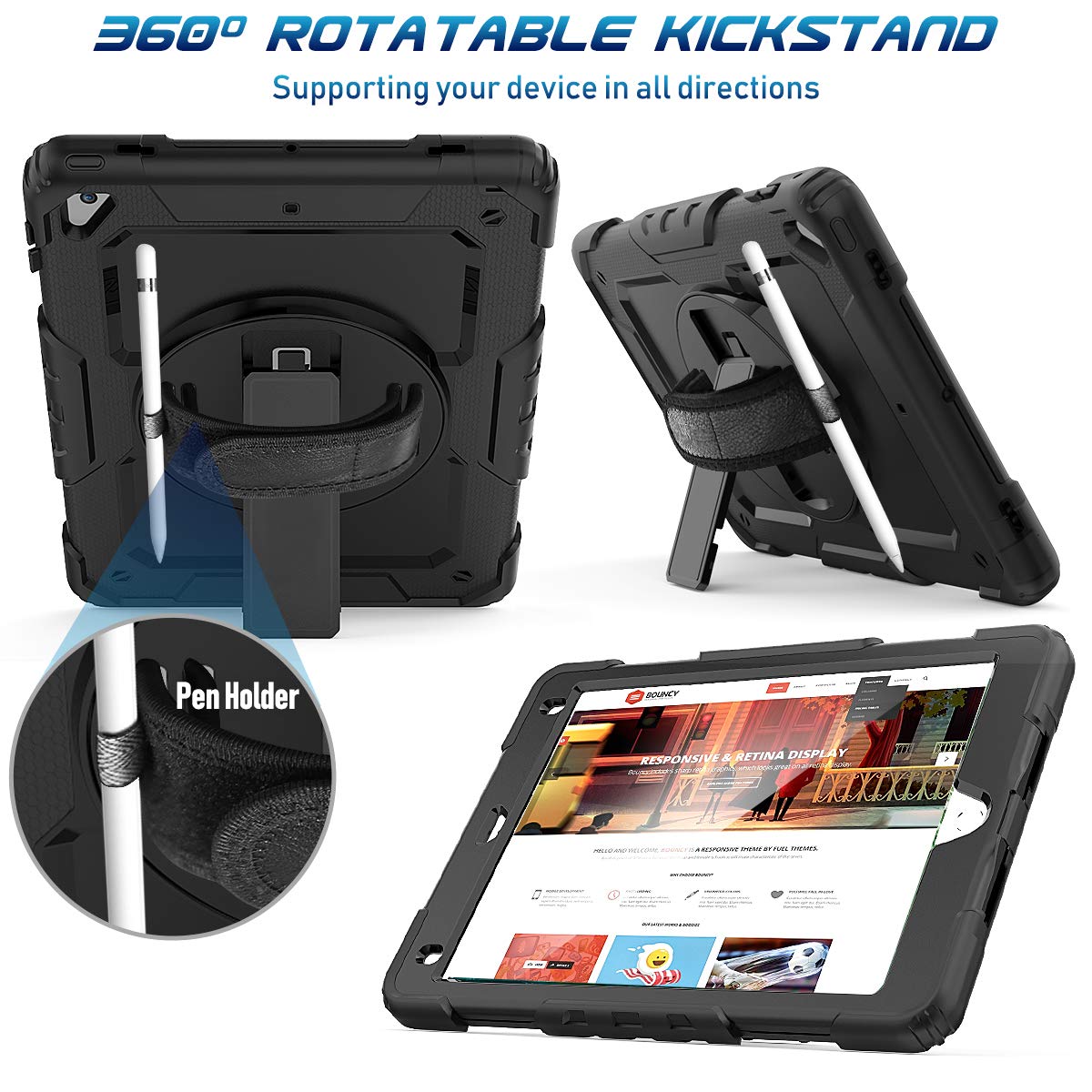 Timecity For Ipad 6Th/5Th Generation Case, For Ipad 9.7 Inch Case 2018/2017 With Screen Protector, 360 Rotating Stand/Hand Strap