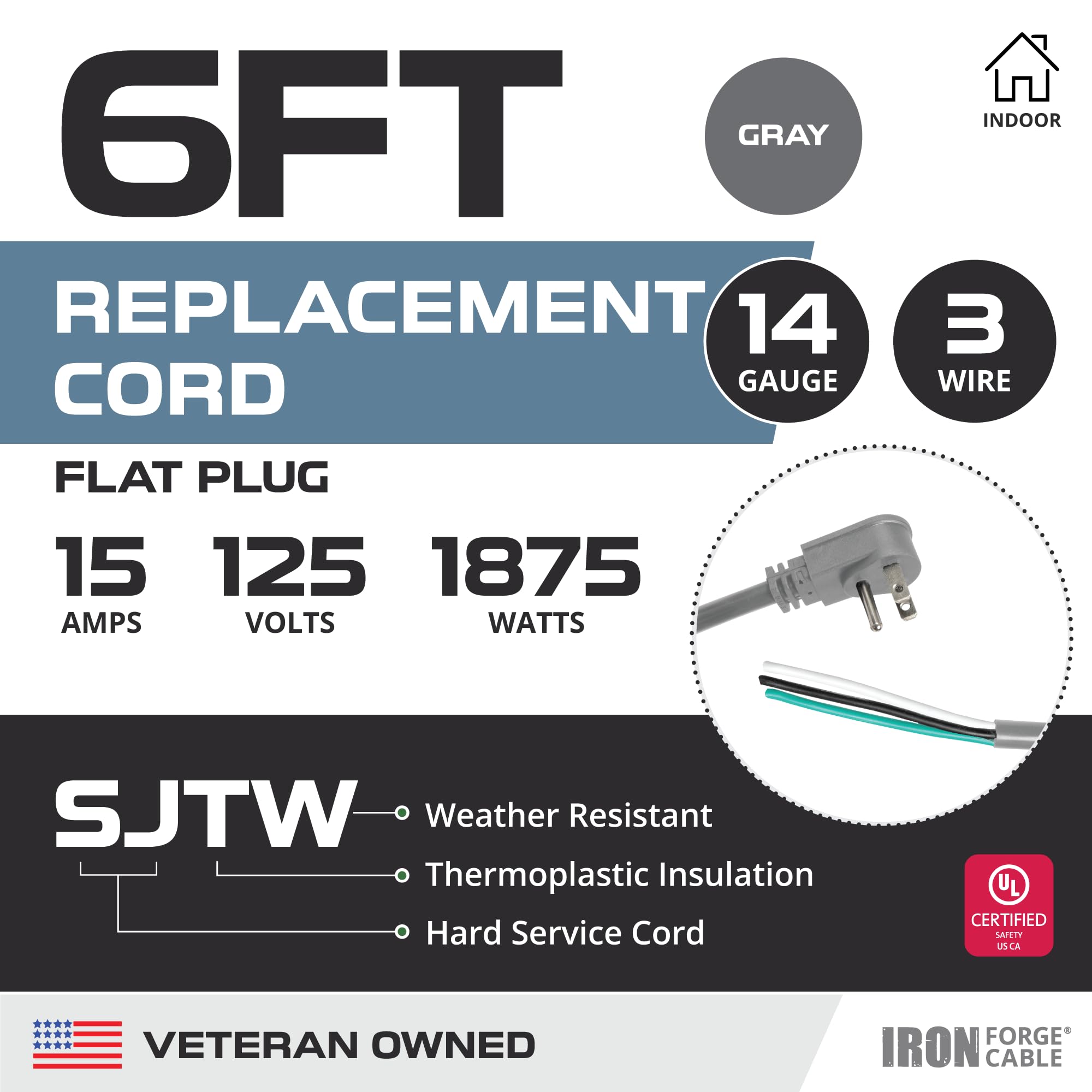 Iron Forge Cable 90 Degree Electrical Plug Slim Plug Head Replacement Power Cord With Open End   6 Ft Gray Extension Cable,14/3