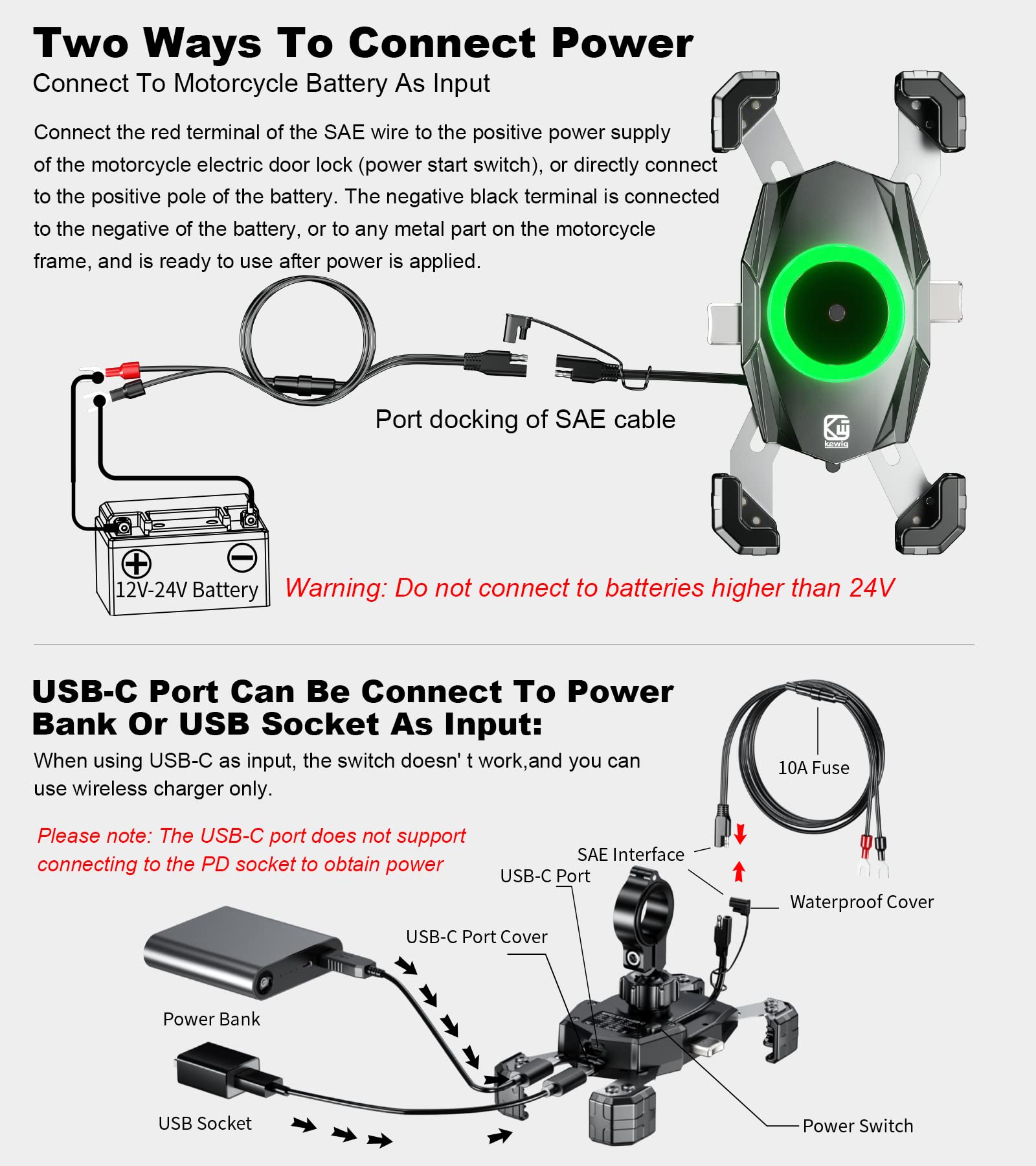 Kewig Motorcycle Phone Mount With Qi 15W Wireless Charger & Usb C 20W Fast Charging Port, One Push Automatically Lock & Quick Re