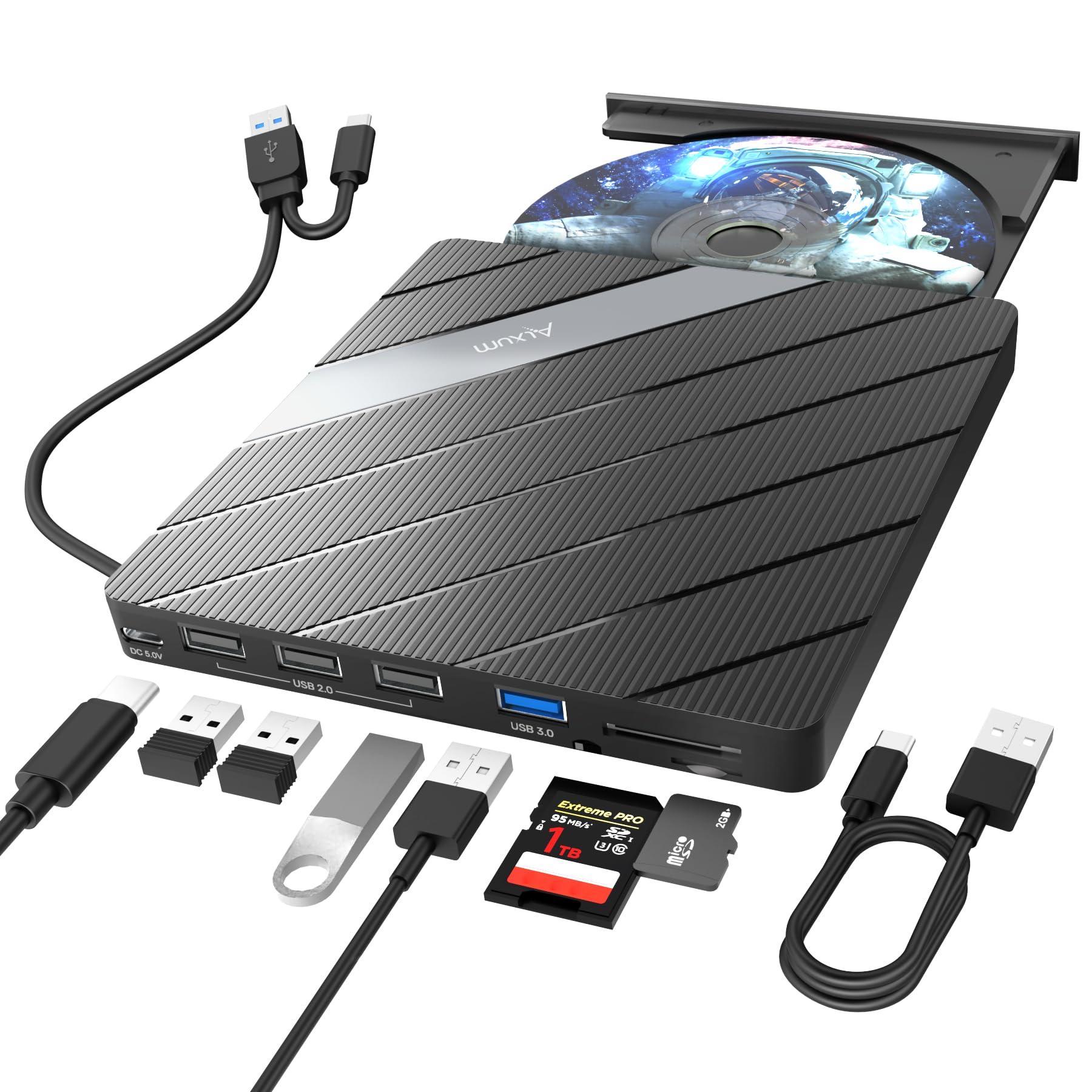 Alxum External Cd Dvd Drive For Laptop, 8 In 1 Portable Cd Dvd Burner Rewriter With Multiple Ports Support Faster Transfer Speed