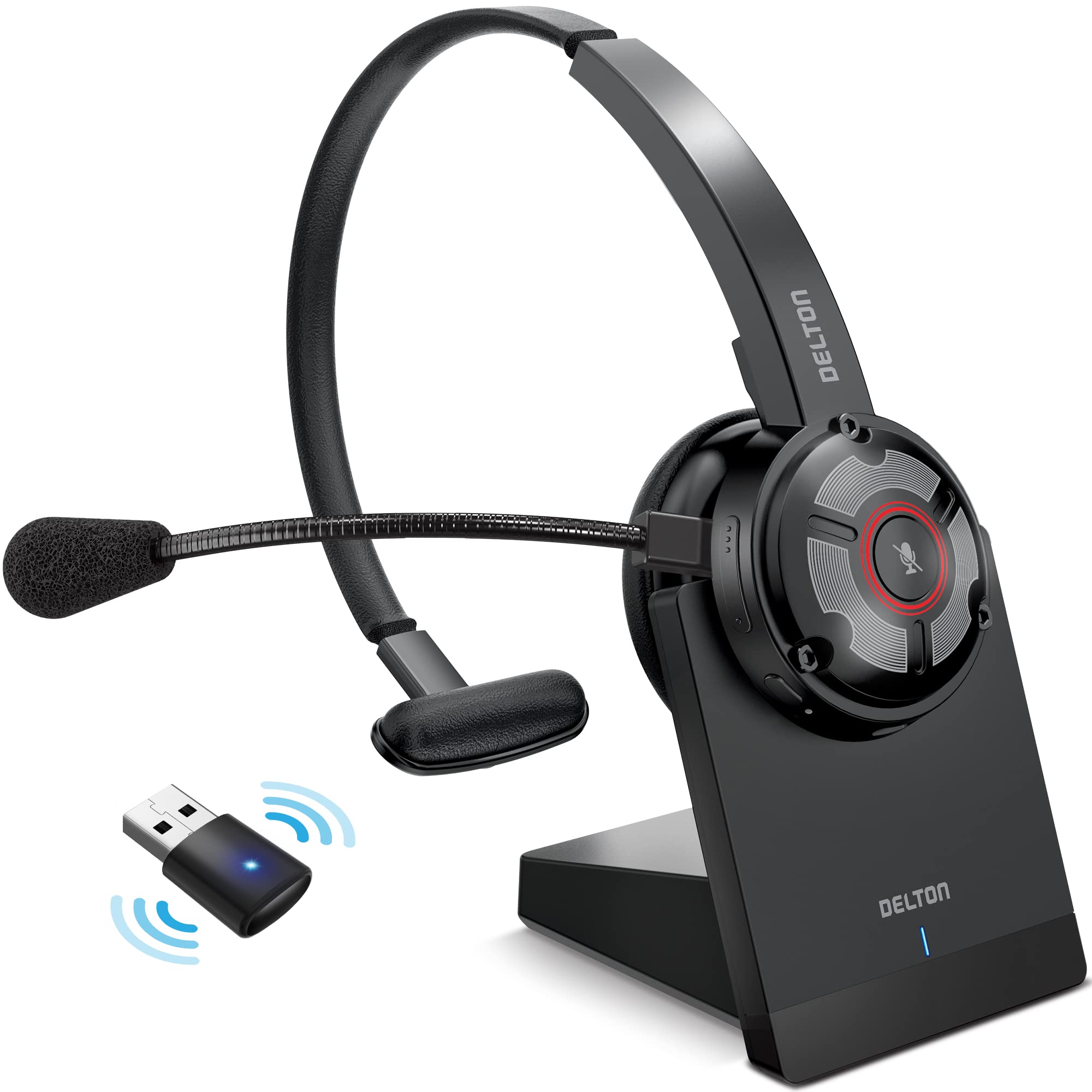 Delton Noise Canceling Bluetooth Computer Headset With Charging Dock, Auto Pair Usb Dongle For Pc/Laptop, Compatible With Ms Tea