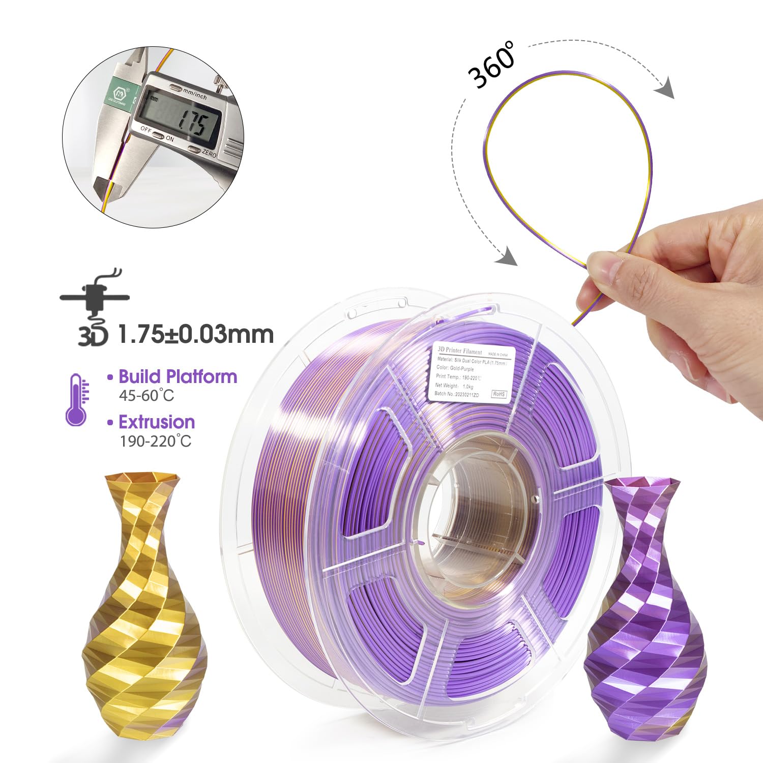 Isanmate Dual Color Filament Silk Pla, 3D Printer Filament Silk Gold Purple, Pla Filament 1.75Mm Rainbow Filament, 1 Kg Spool