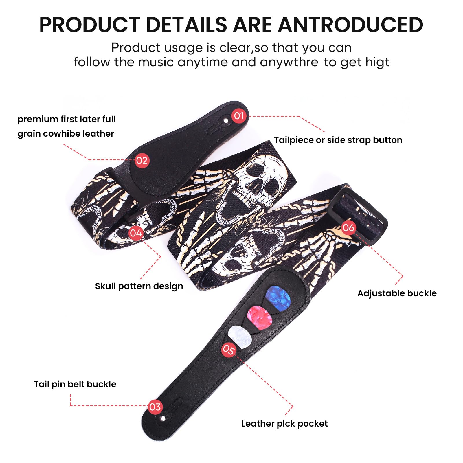 Aarvi Guitar Strap Set For Bass/Electric/Acoustic Guitars - 41-67 Cotton With Leather Ends, 2 Strap Locks + 4 Picks Included, Du